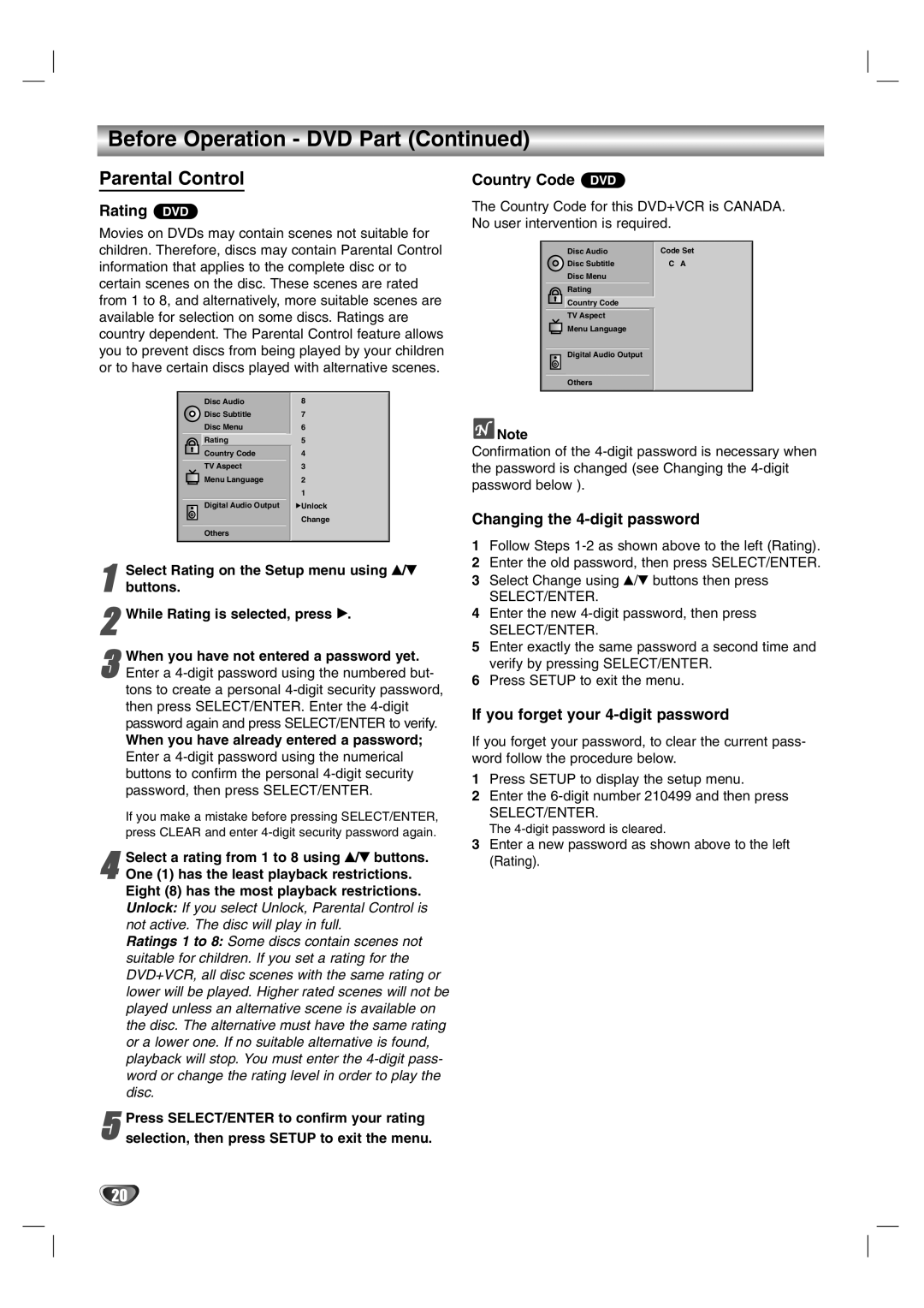 Sanyo DVC-2600 instruction manual Parental Control, Rating DVD, Country Code DVD, Changing the 4-digit password 