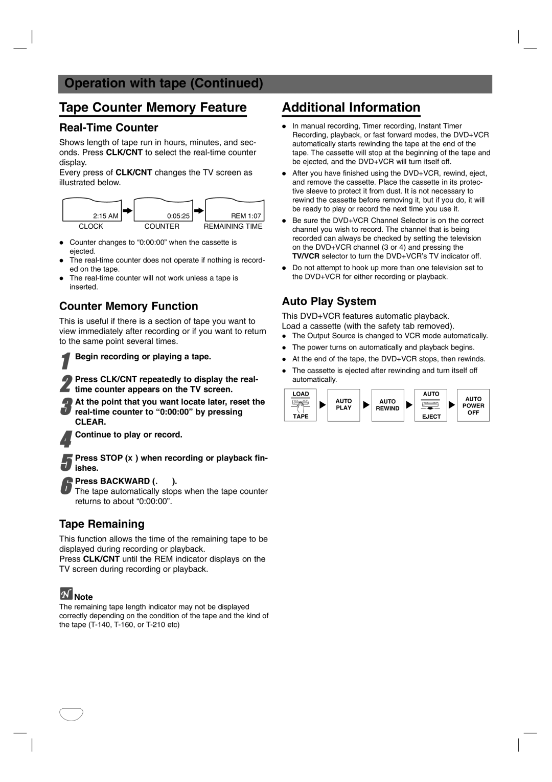 Sanyo DVC-2600 instruction manual Operation with tape Tape Counter Memory Feature, Additional Information 