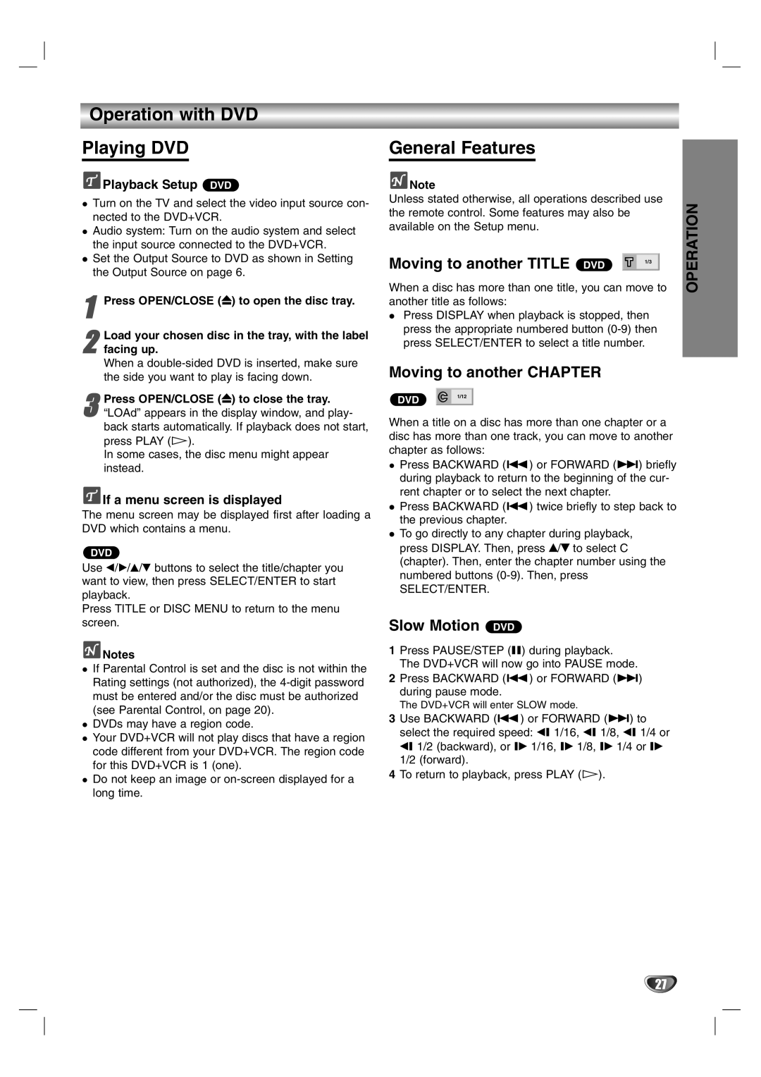 Sanyo DVC-2600 Operation with DVD Playing DVD, General Features, Moving to another Title, Moving to another Chapter 