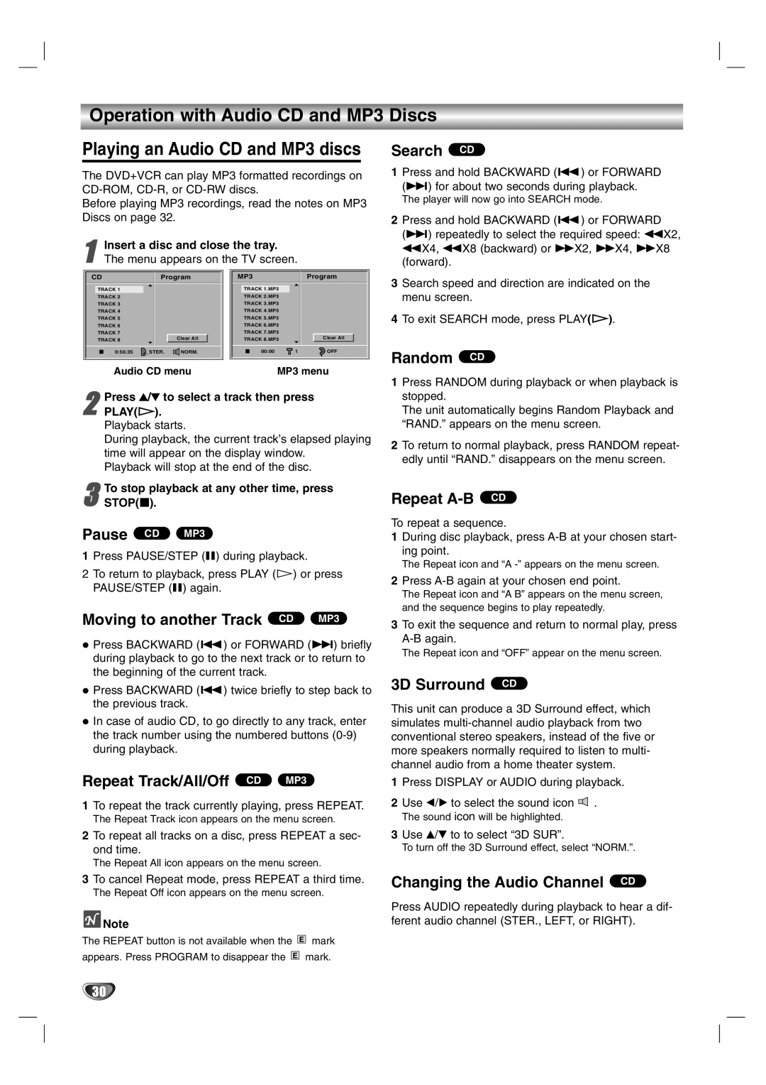 Sanyo DVC-2600 instruction manual Operation with Audio CD and MP3 Discs 