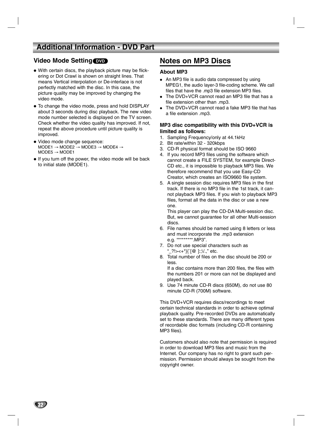 Sanyo DVC-2600 instruction manual Additional Information DVD Part, Video Mode Setting DVD, About MP3 