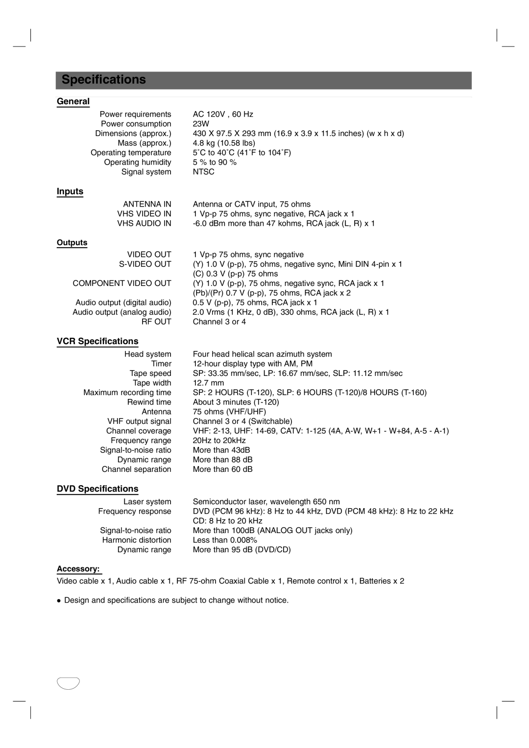 Sanyo DVC-2600 instruction manual General, Inputs, VCR Specifications, DVD Specifications 