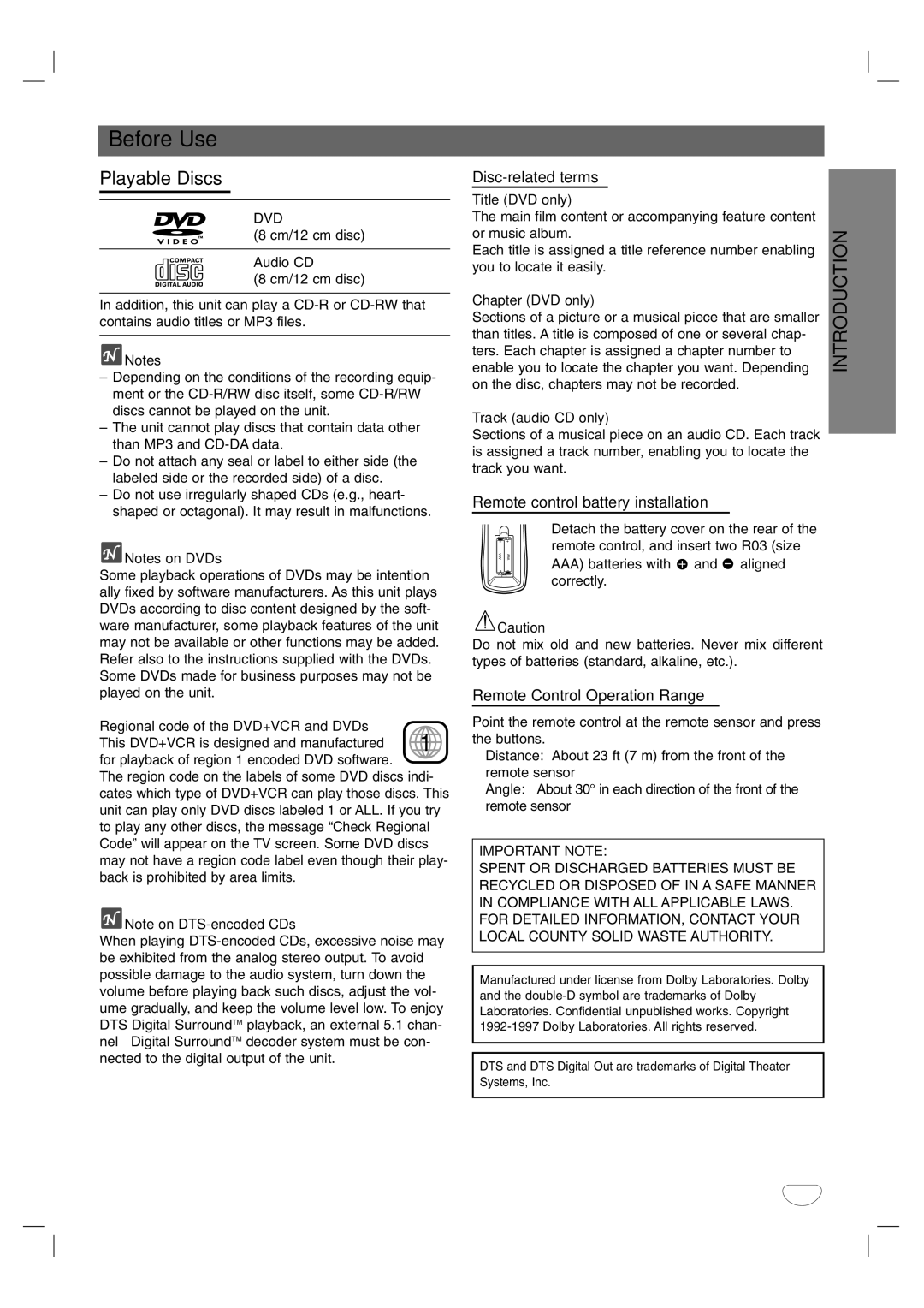 Sanyo DVC-2600 instruction manual Before Use, Playable Discs, Disc-related terms, Remote control battery installation 