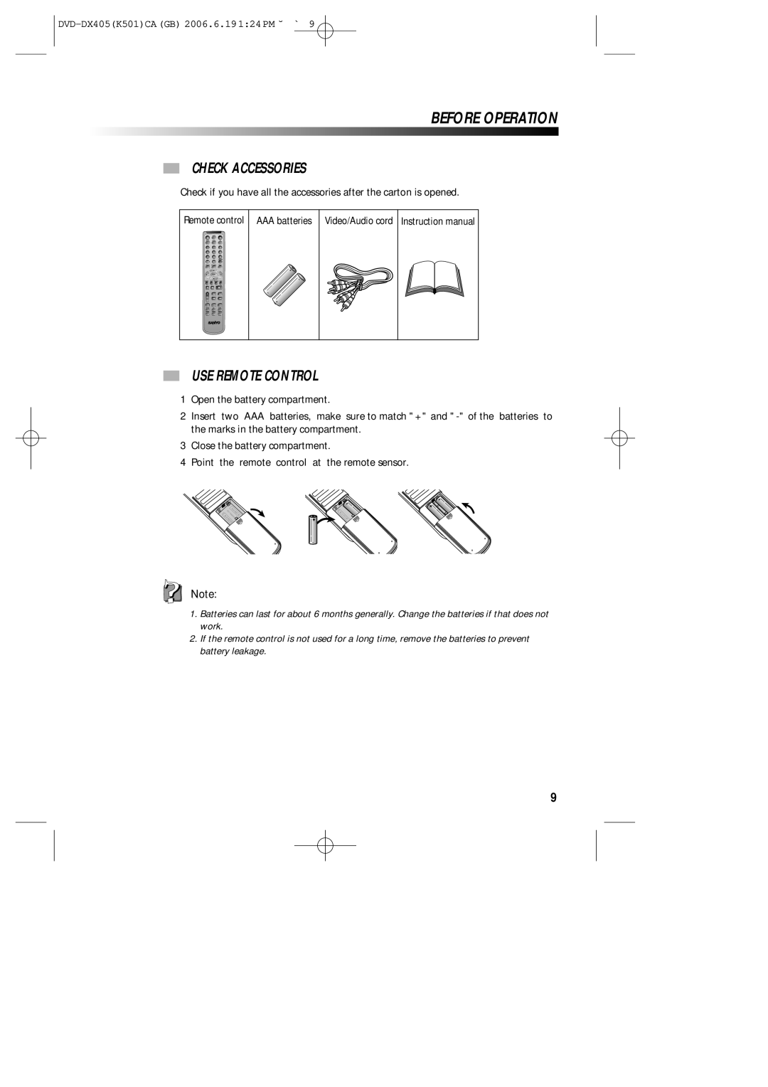 Sanyo DVD-DX405 instruction manual Before Operation, Check Accessories, USE Remote Control 