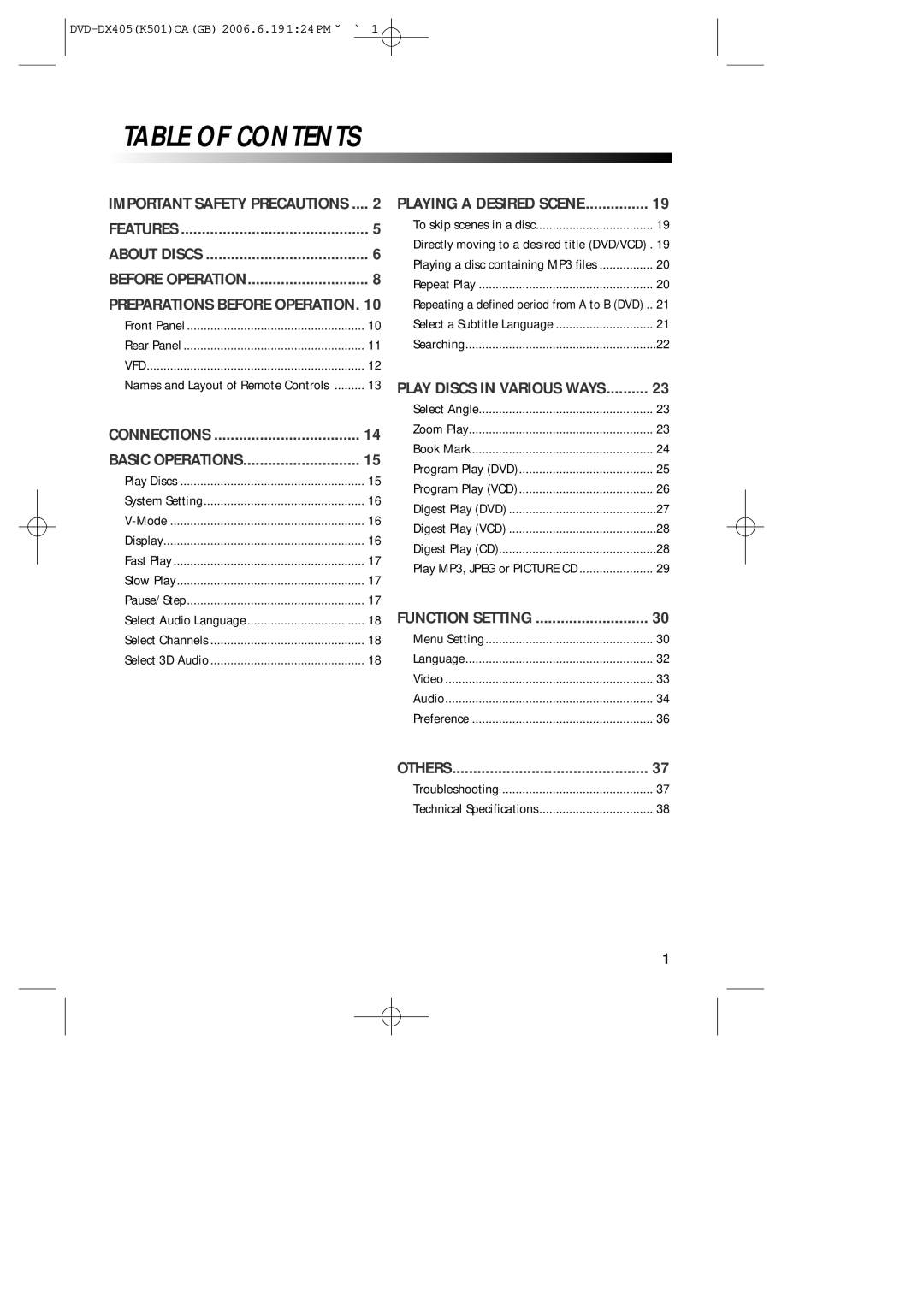 Sanyo DVD-DX405 instruction manual Table of Contents 