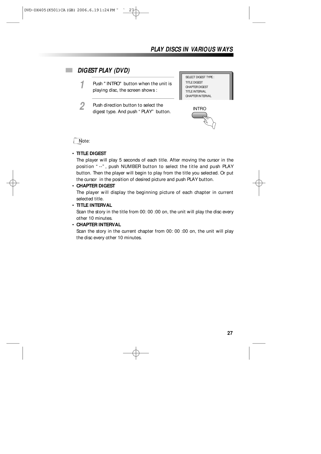 Sanyo DVD-DX405 Play Discs in Various Ways Digest Play DVD, Title Digest, Chapter Digest, Title Interval, Chapter Interval 