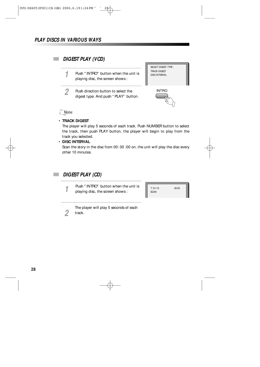 Sanyo DVD-DX405 instruction manual Play Discs in Various Ways Digest Play VCD, Digest Play CD, Track Digest, Disc Interval 