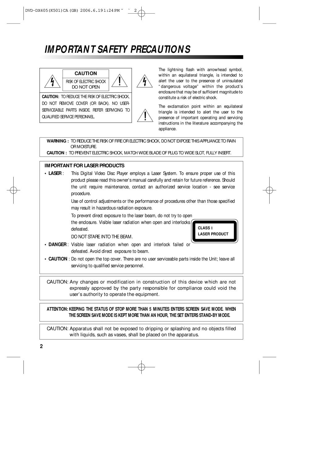 Sanyo DVD-DX405 instruction manual Important Safety Precautions, Important for Laser Products 