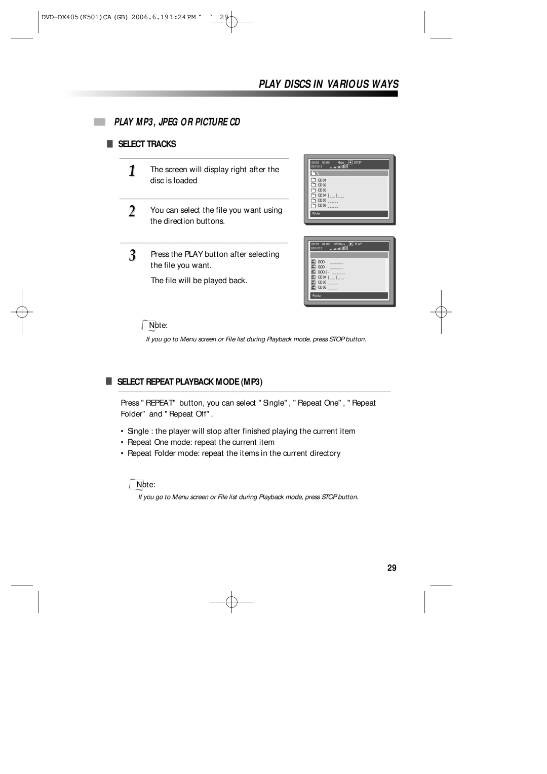 Sanyo DVD-DX405 instruction manual Play MP3, Jpeg or Picture CD, Select Tracks, Select Repeat Playback Mode MP3 