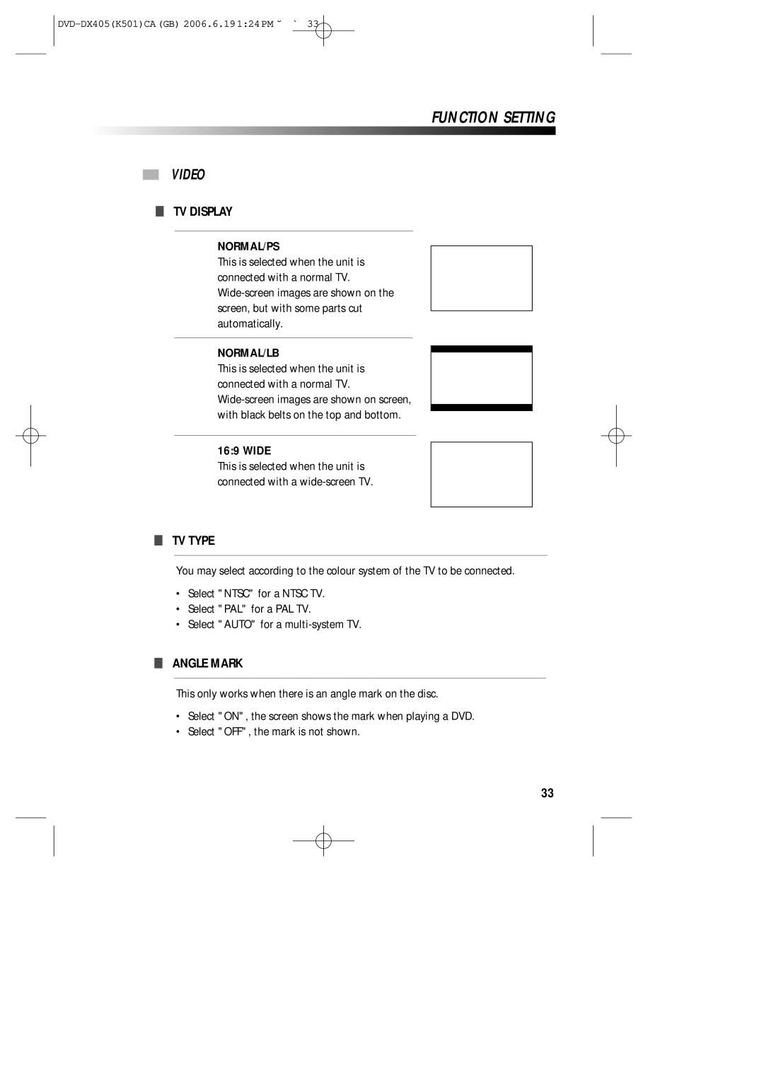 Sanyo DVD-DX405 instruction manual Video, TV Display, TV Type, Angle Mark 