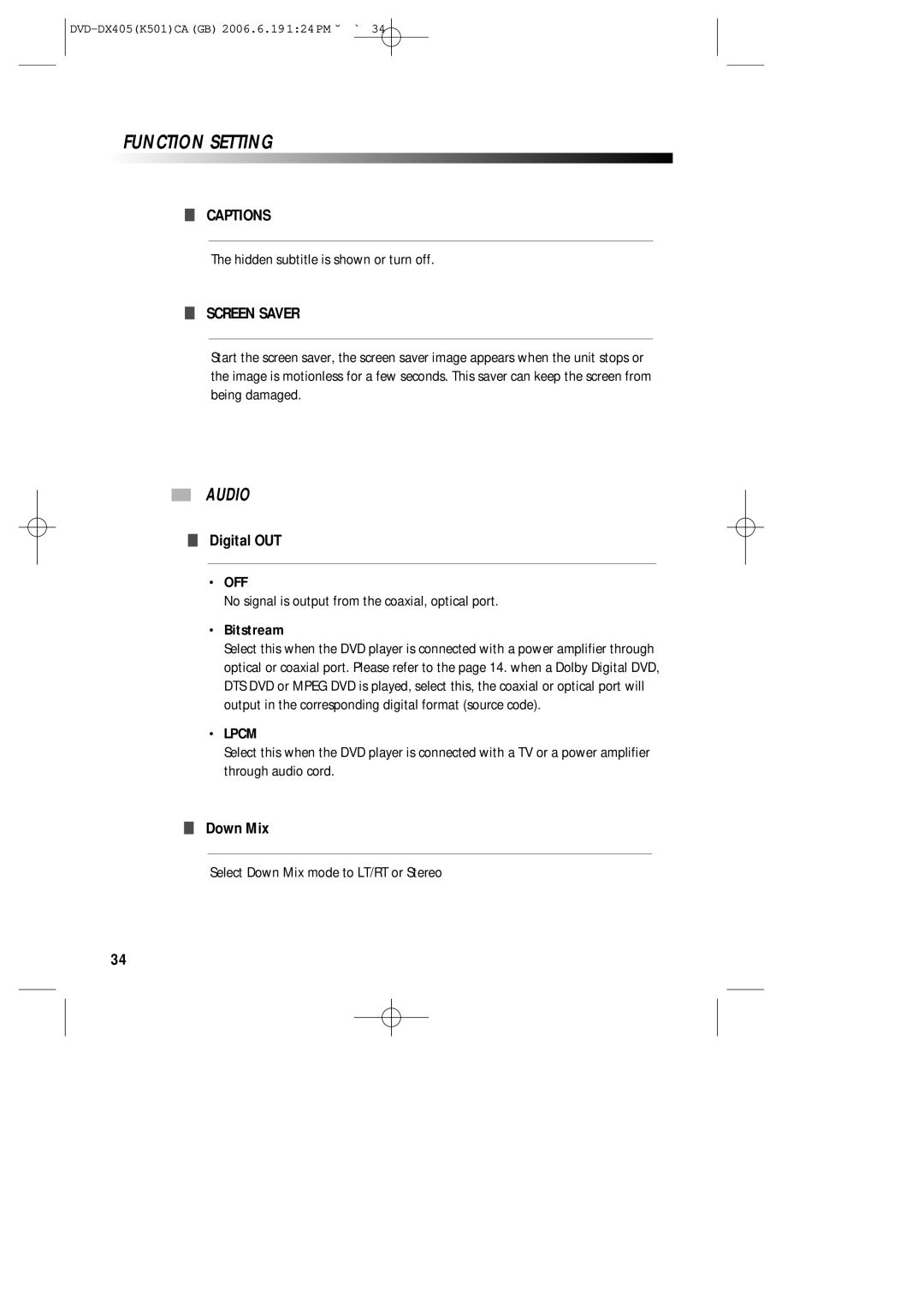Sanyo DVD-DX405 instruction manual Captions, Screen Saver, Audio, Off, Lpcm 