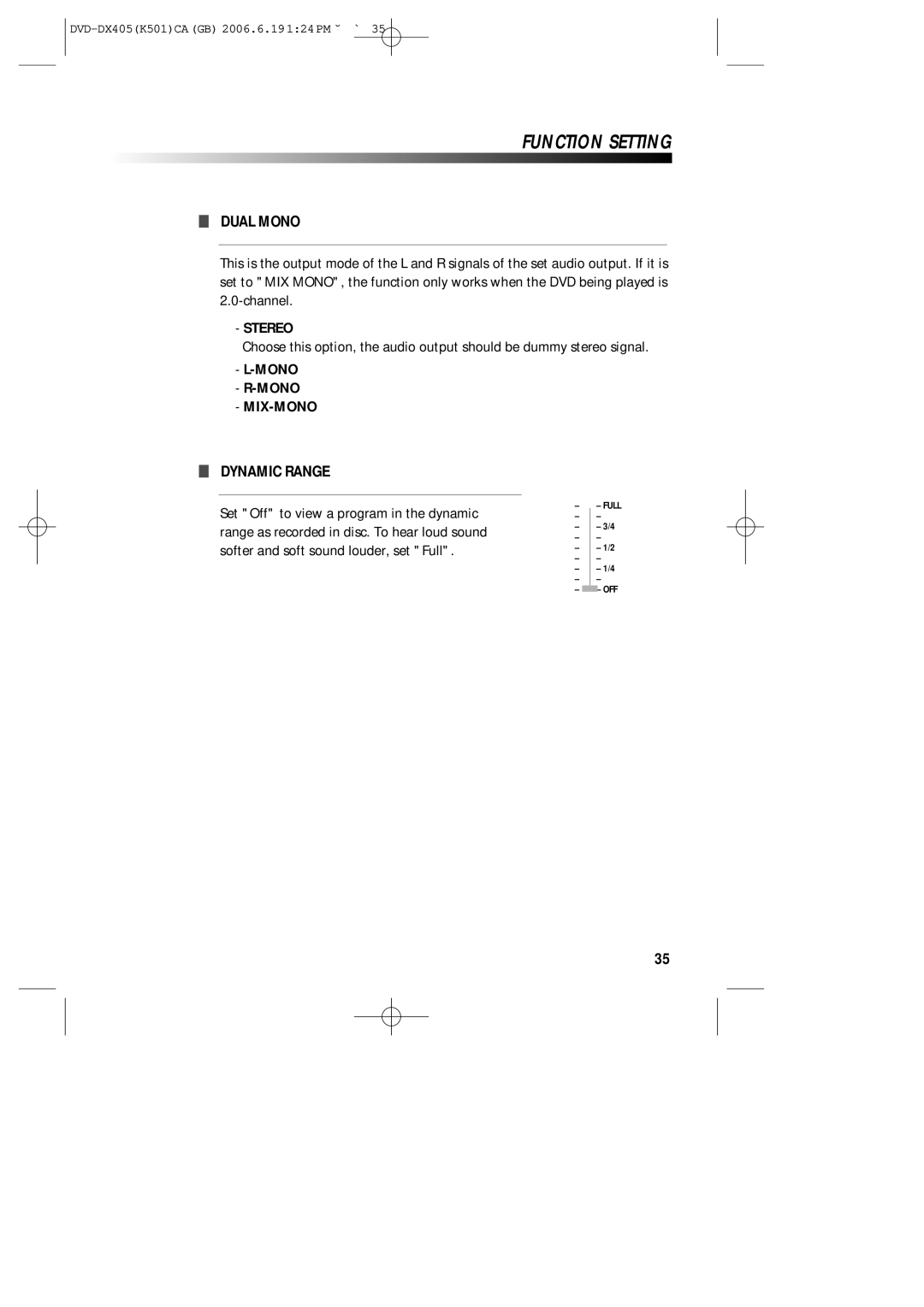 Sanyo DVD-DX405 instruction manual Dual Mono, Dynamic Range, Stereo, Mono MIX-MONO 