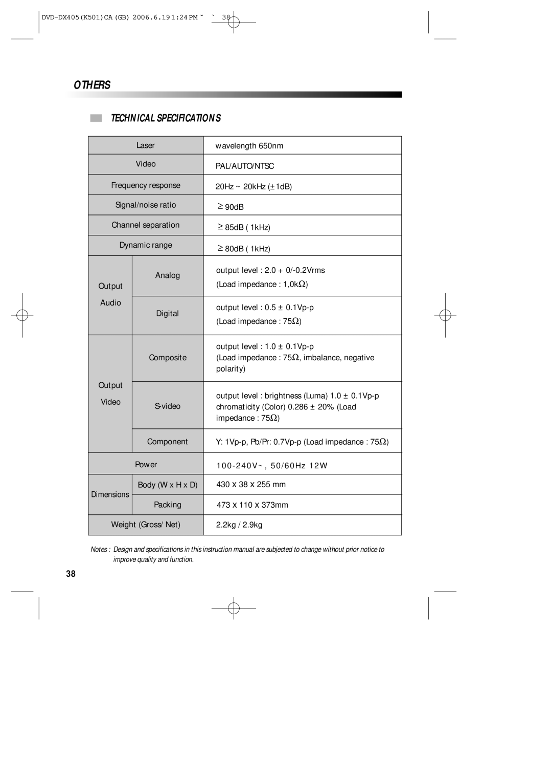 Sanyo DVD-DX405 instruction manual Others, Technical Specifications 