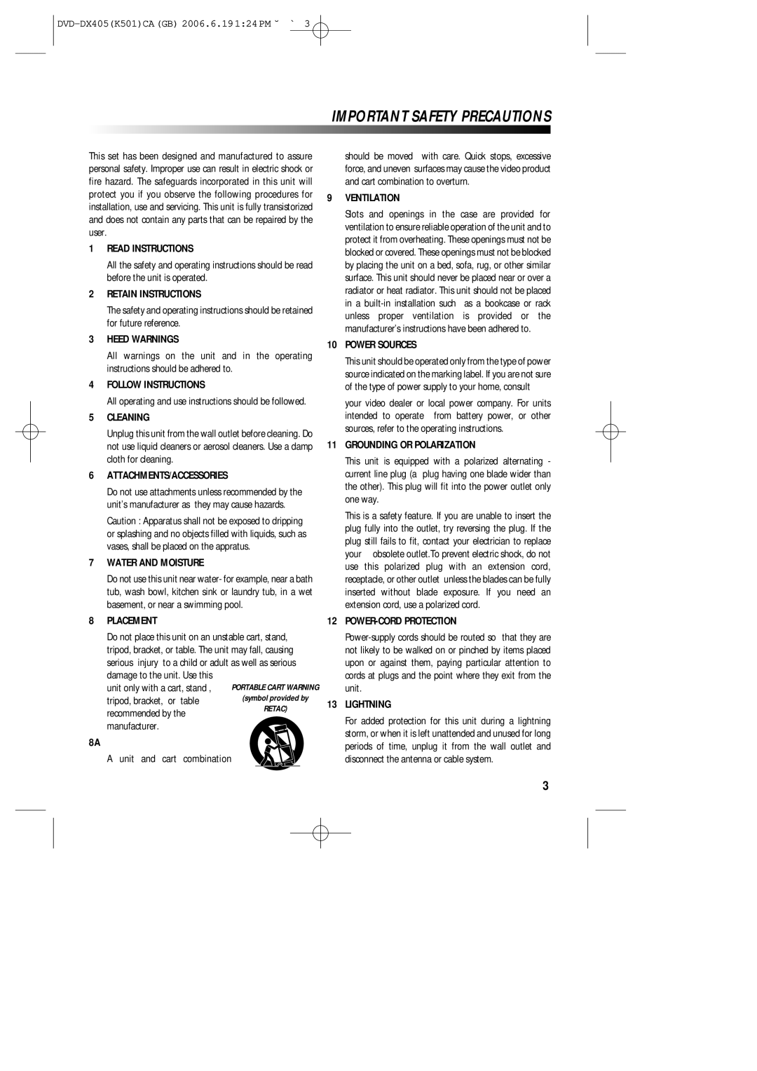 Sanyo DVD-DX405 instruction manual Important Safety Precautions 