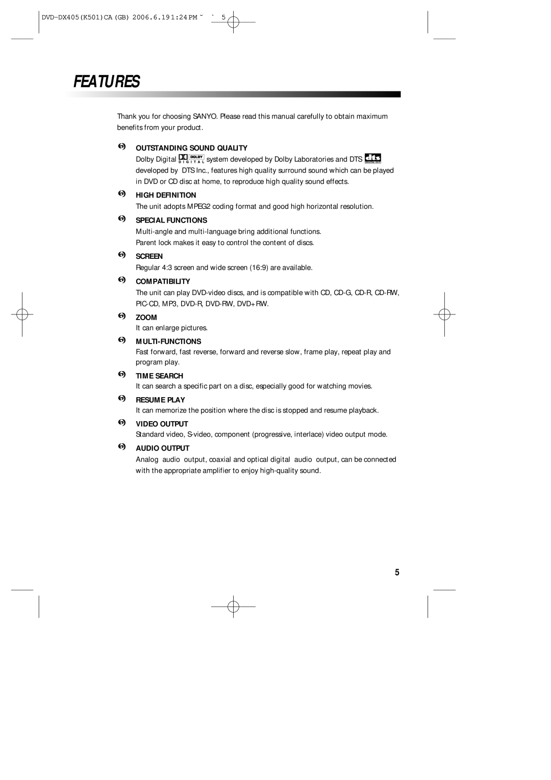 Sanyo DVD-DX405 instruction manual Features 