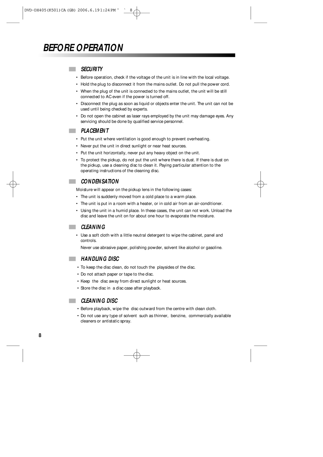 Sanyo DVD-DX405 instruction manual Before Operation 