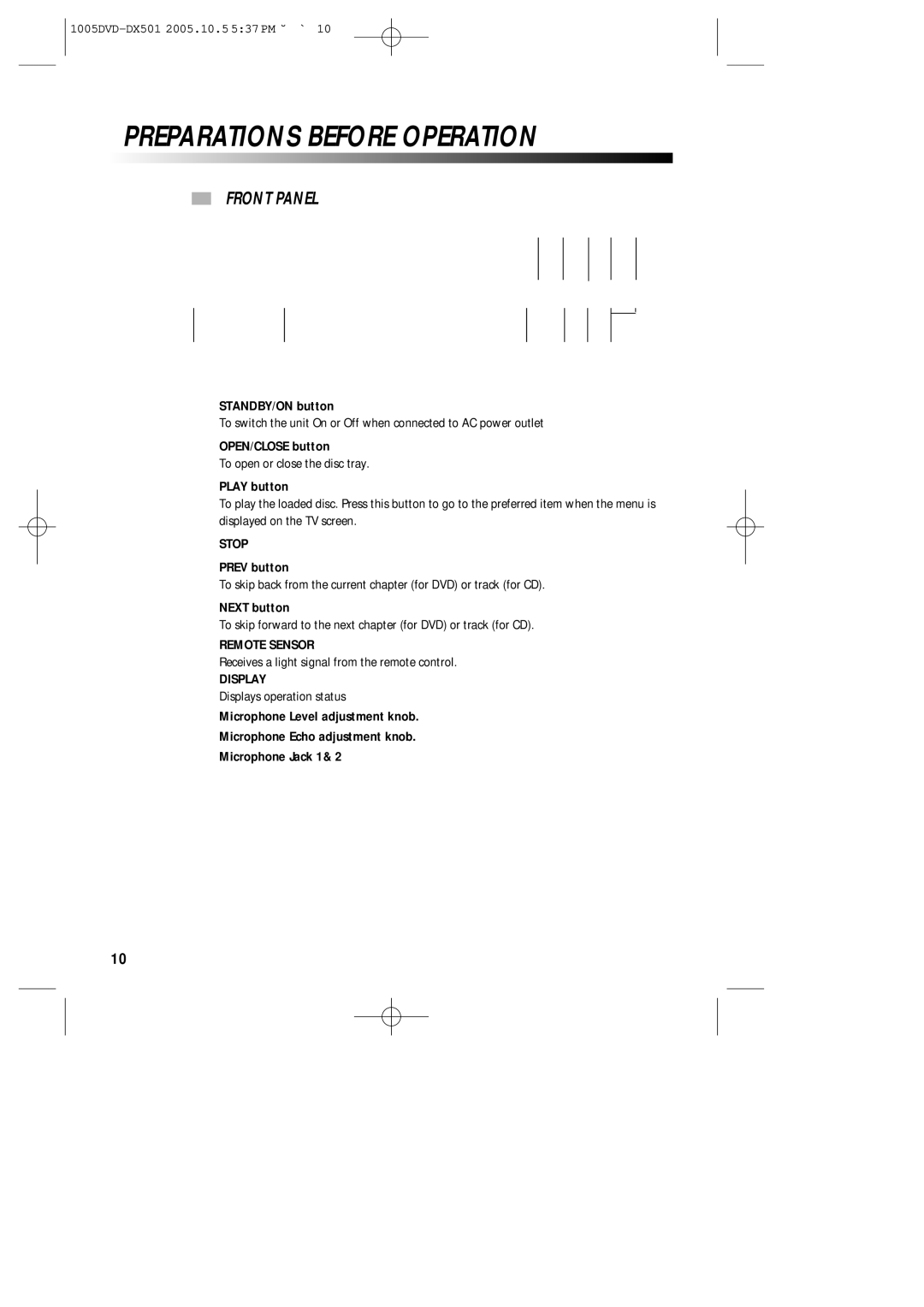 Sanyo DVD-DX501 instruction manual Preparations Before Operation, Front Panel, $ Stop, Remote Sensor, Display 