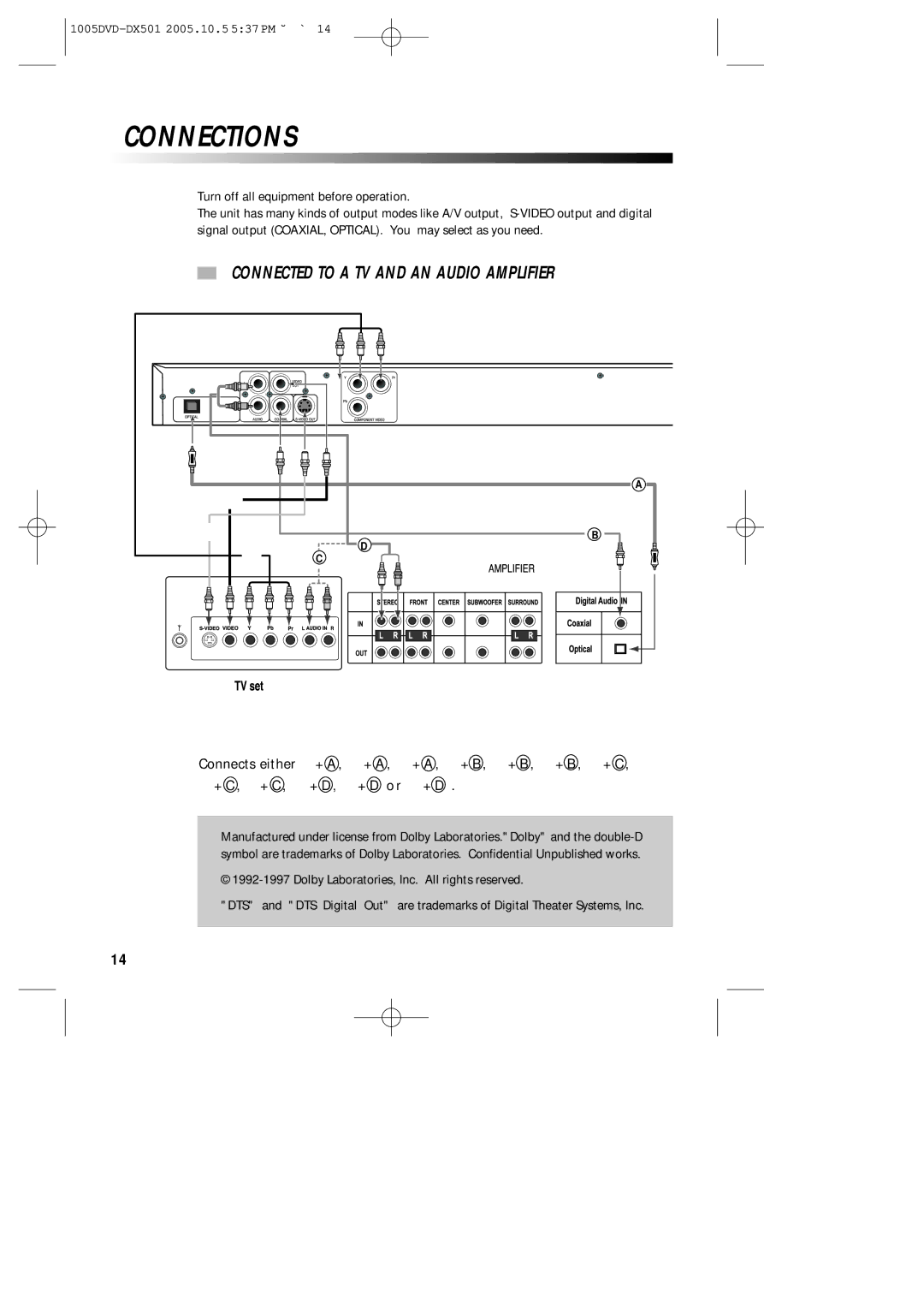 Sanyo DVD-DX501 instruction manual Connections, Connected to a TV and AN Audio Amplifier 