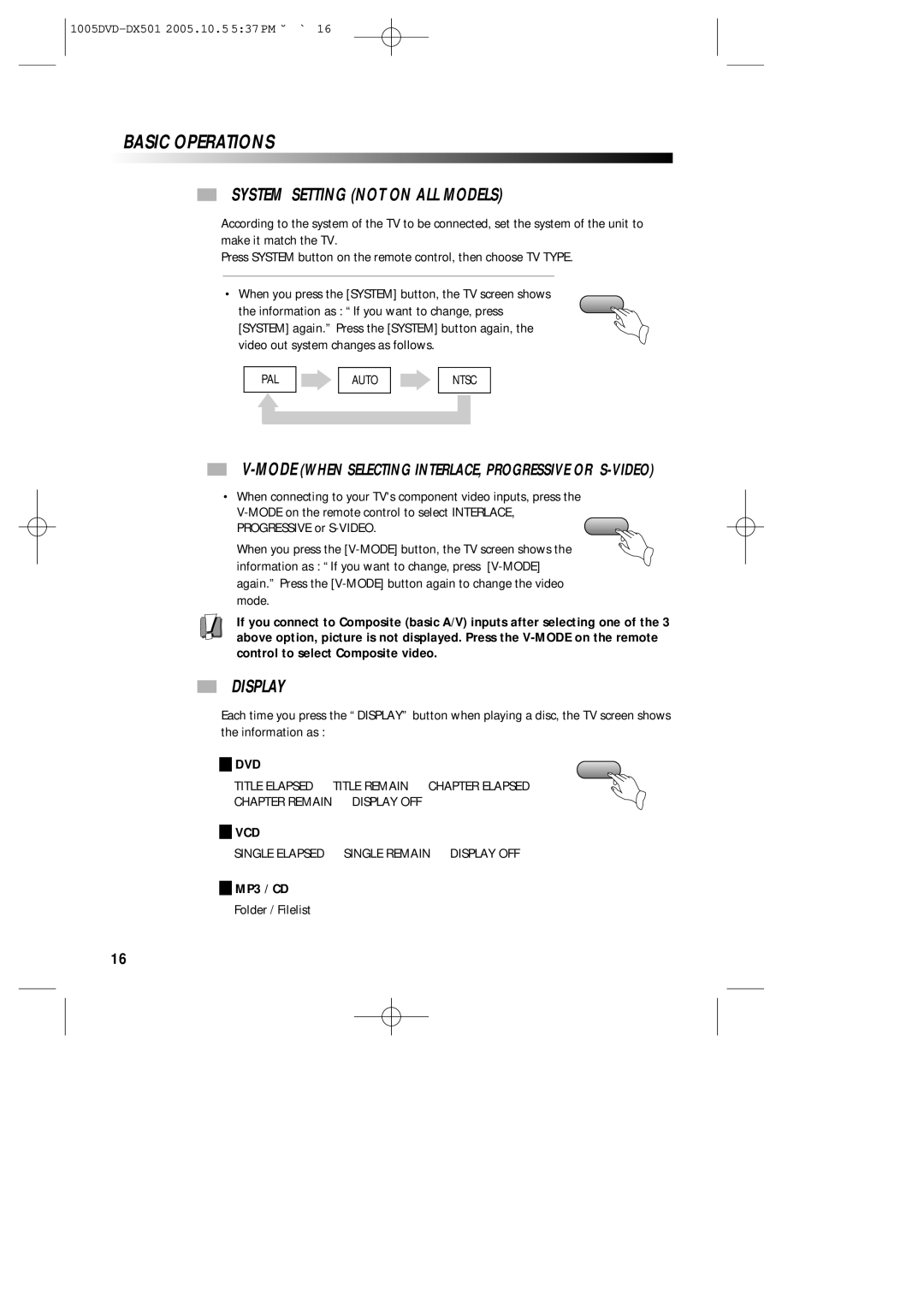 Sanyo DVD-DX501 instruction manual Basic Operations, System Setting not on ALL Models, Display, Dvd, Vcd 