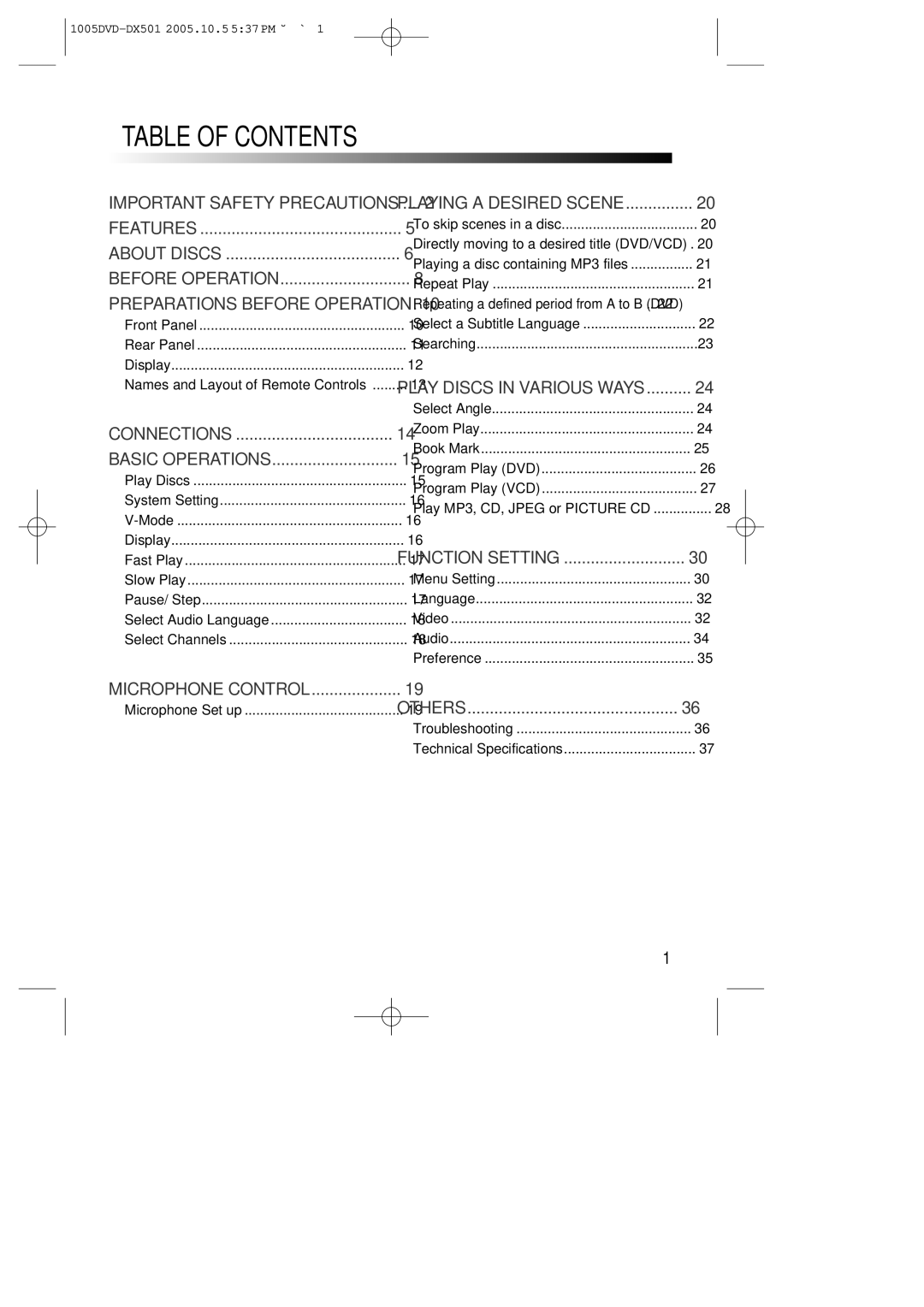 Sanyo DVD-DX501 instruction manual Table of Contents 