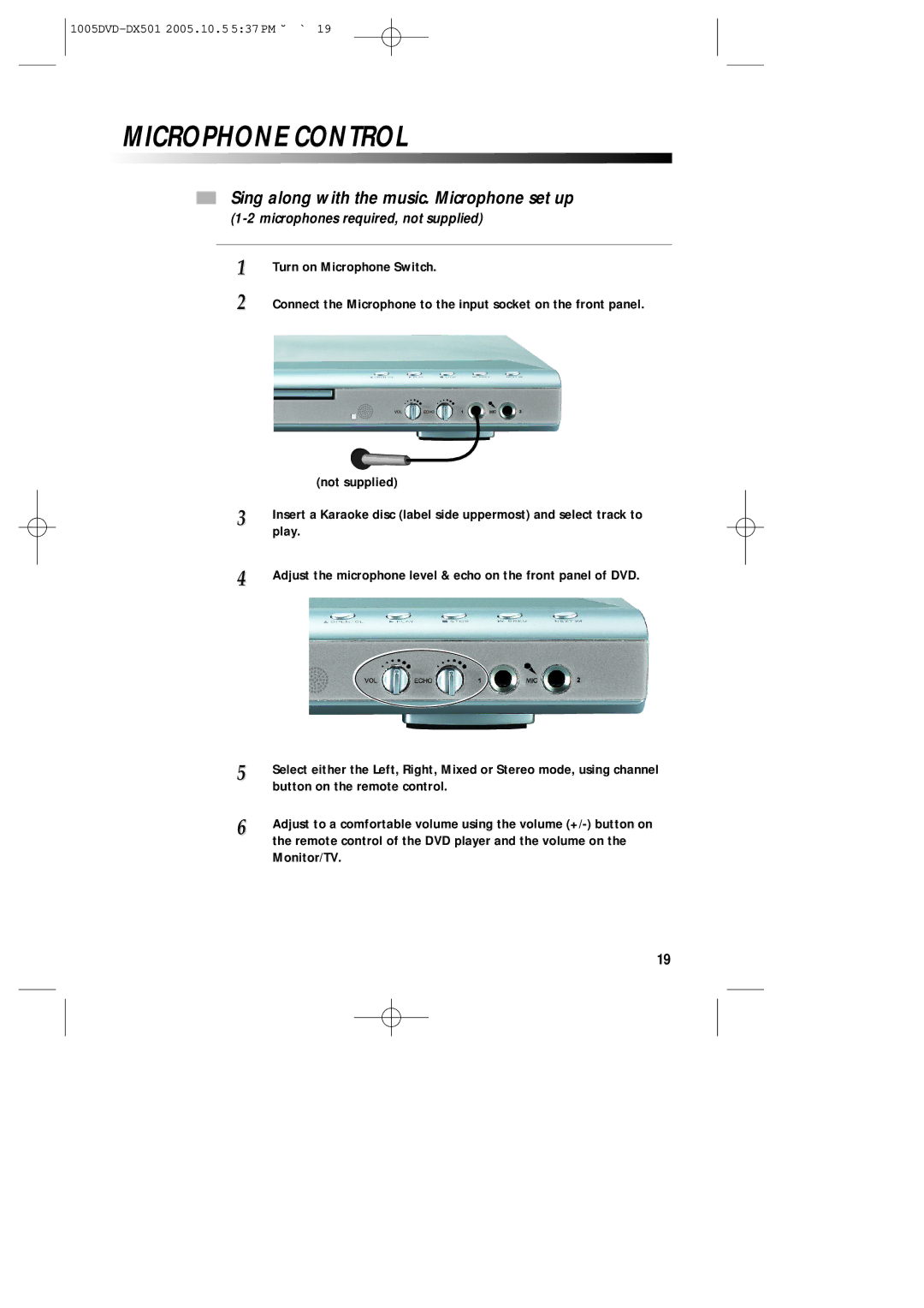 Sanyo DVD-DX501 instruction manual Microphone Control, Sing along with the music. Microphone set up 