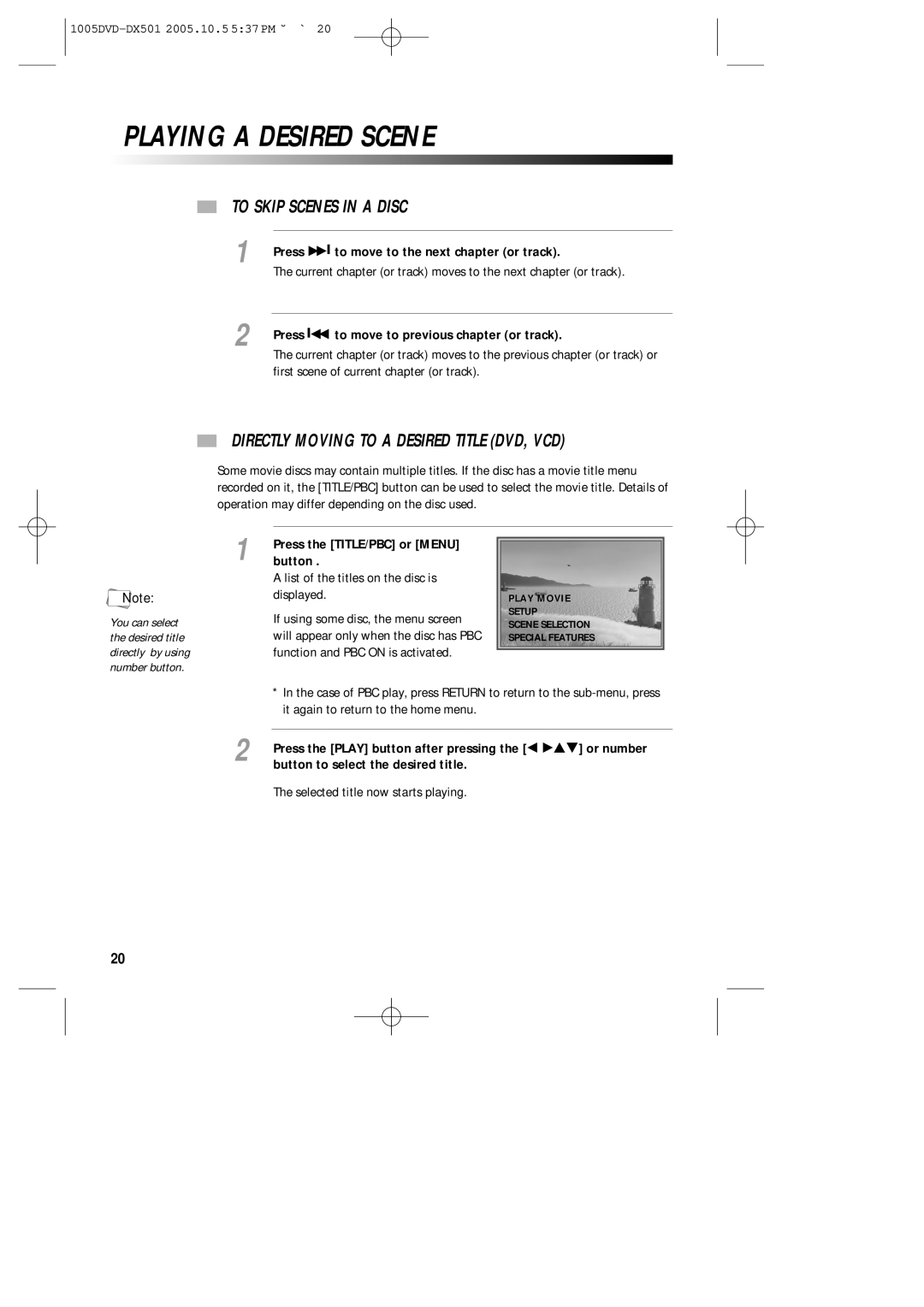 Sanyo DVD-DX501 Playing a Desired Scene, To Skip Scenes in a Disc, Directly Moving to a Desired Title DVD, VCD 