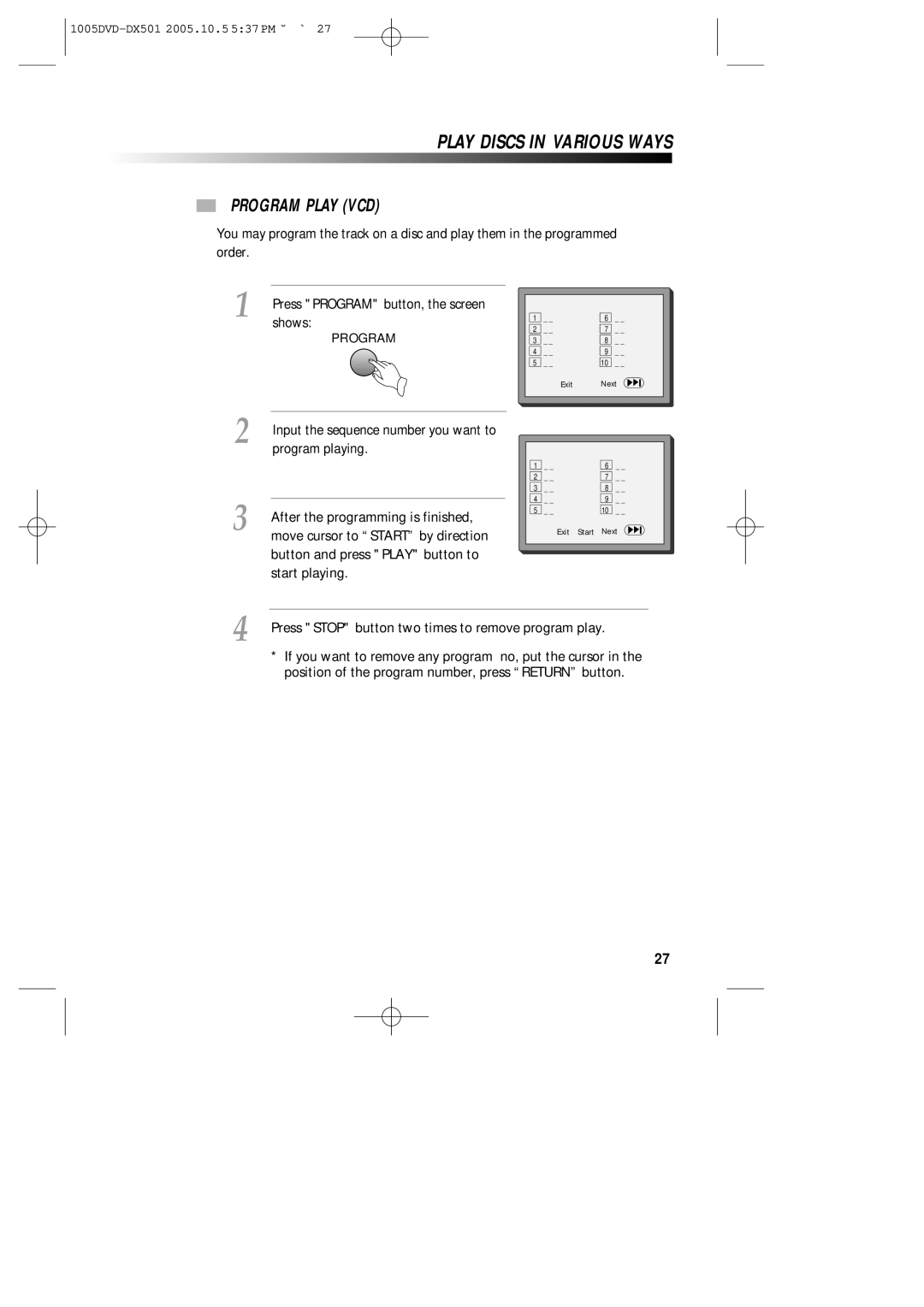 Sanyo DVD-DX501 instruction manual Program Play VCD 