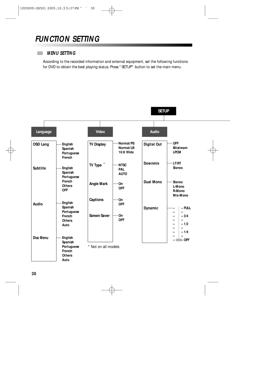 Sanyo DVD-DX501 instruction manual Function Setting, Menu Setting 