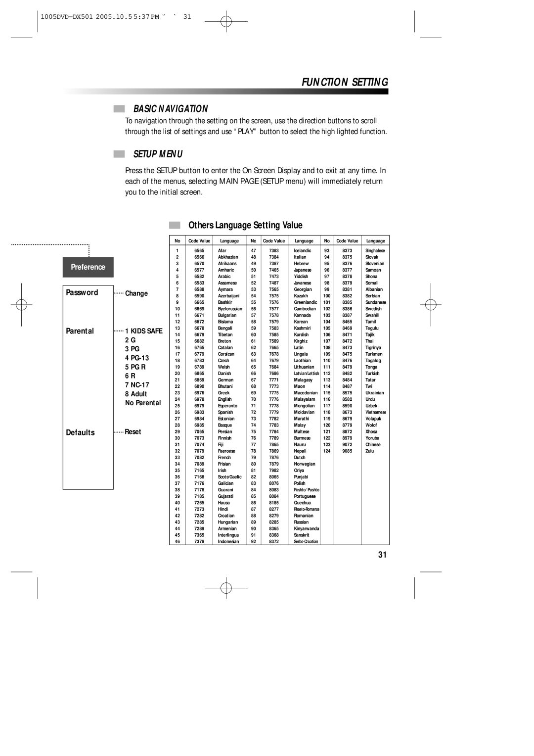 Sanyo DVD-DX501 instruction manual Function Setting, Basic Navigation, Setup Menu 