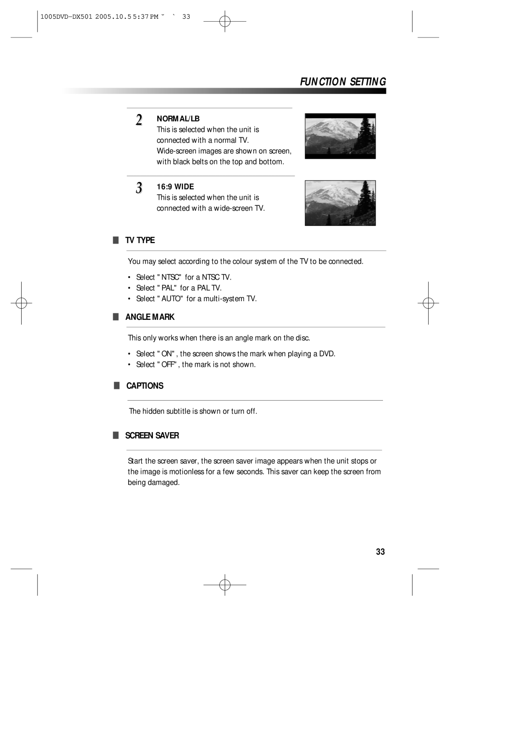 Sanyo DVD-DX501 instruction manual TV Type, Angle Mark, Captions, Screen Saver 