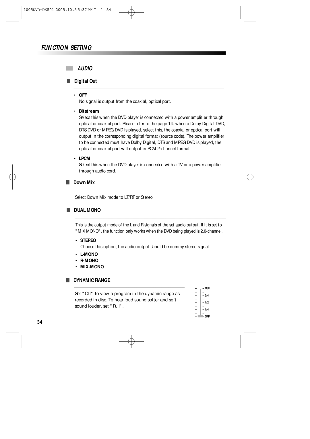 Sanyo DVD-DX501 instruction manual Audio, Dual Mono, Dynamic Range 