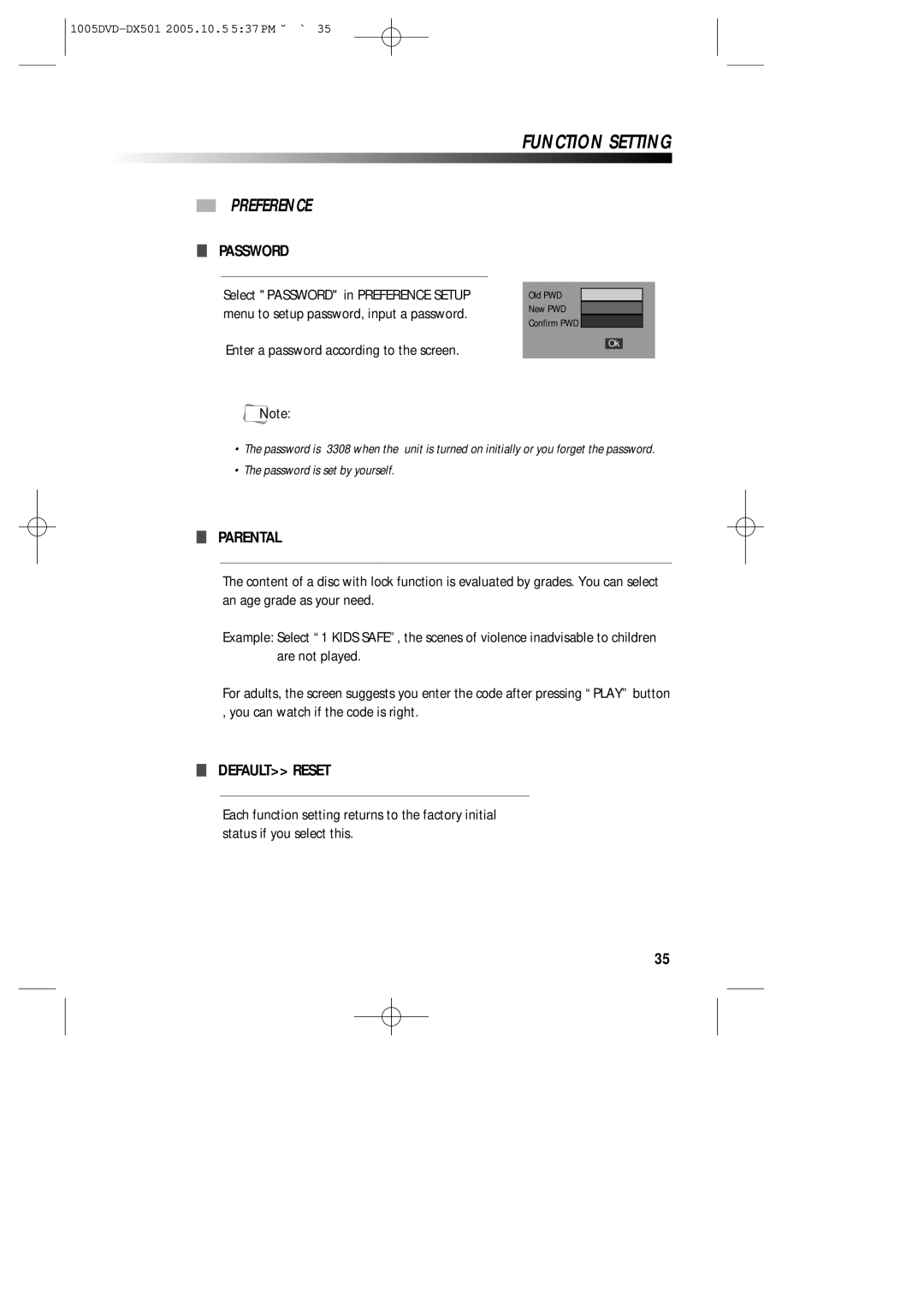 Sanyo DVD-DX501 instruction manual Preference, Password, Parental, Default Reset 