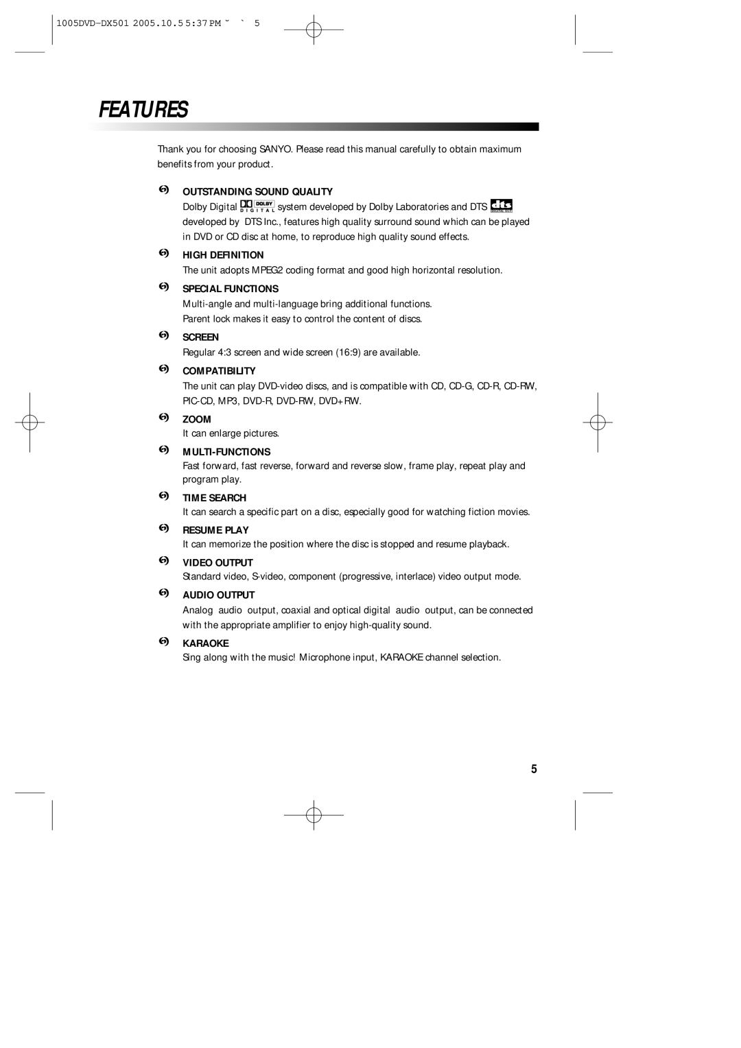 Sanyo DVD-DX501 instruction manual Features 