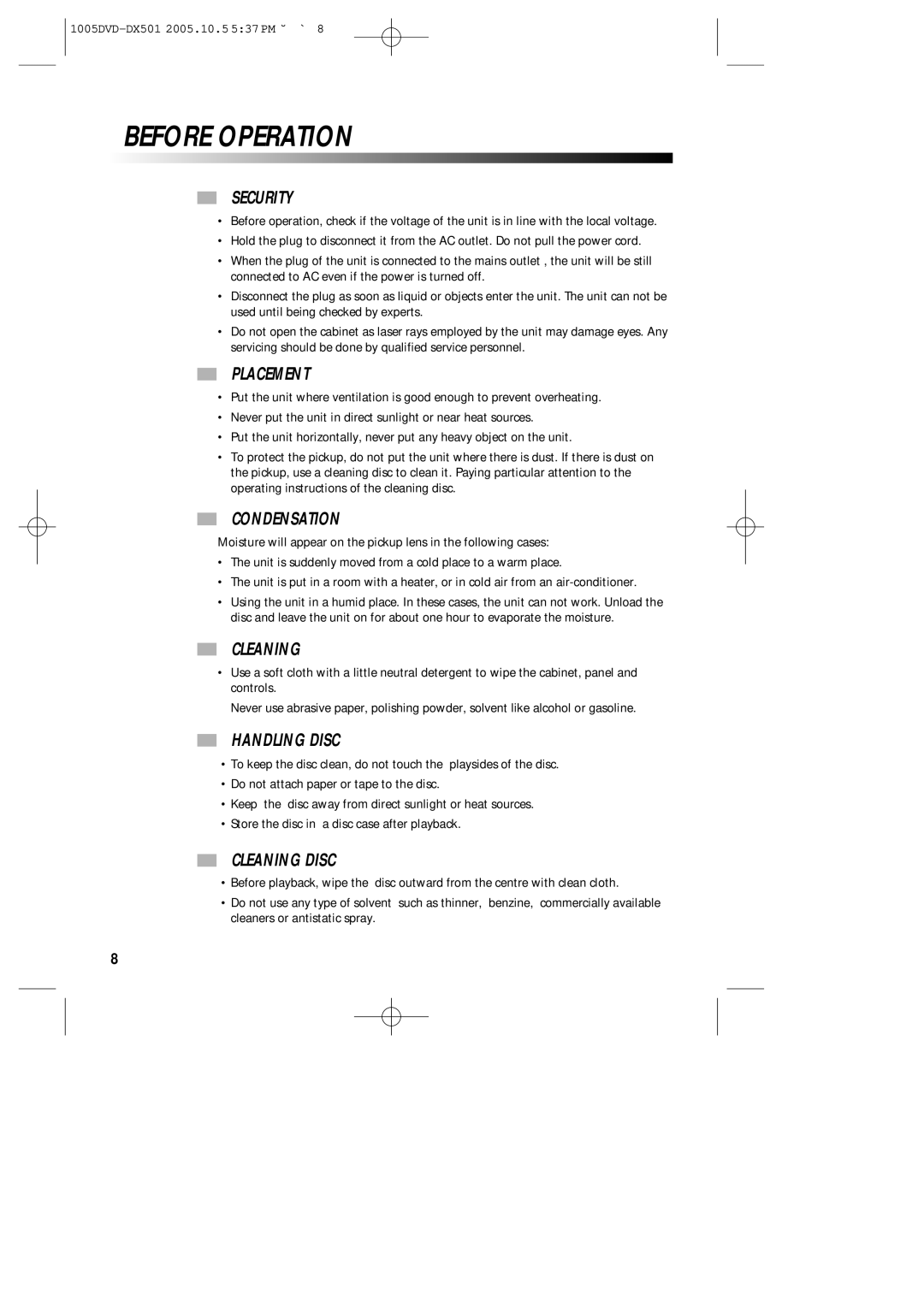 Sanyo DVD-DX501 instruction manual Before Operation 