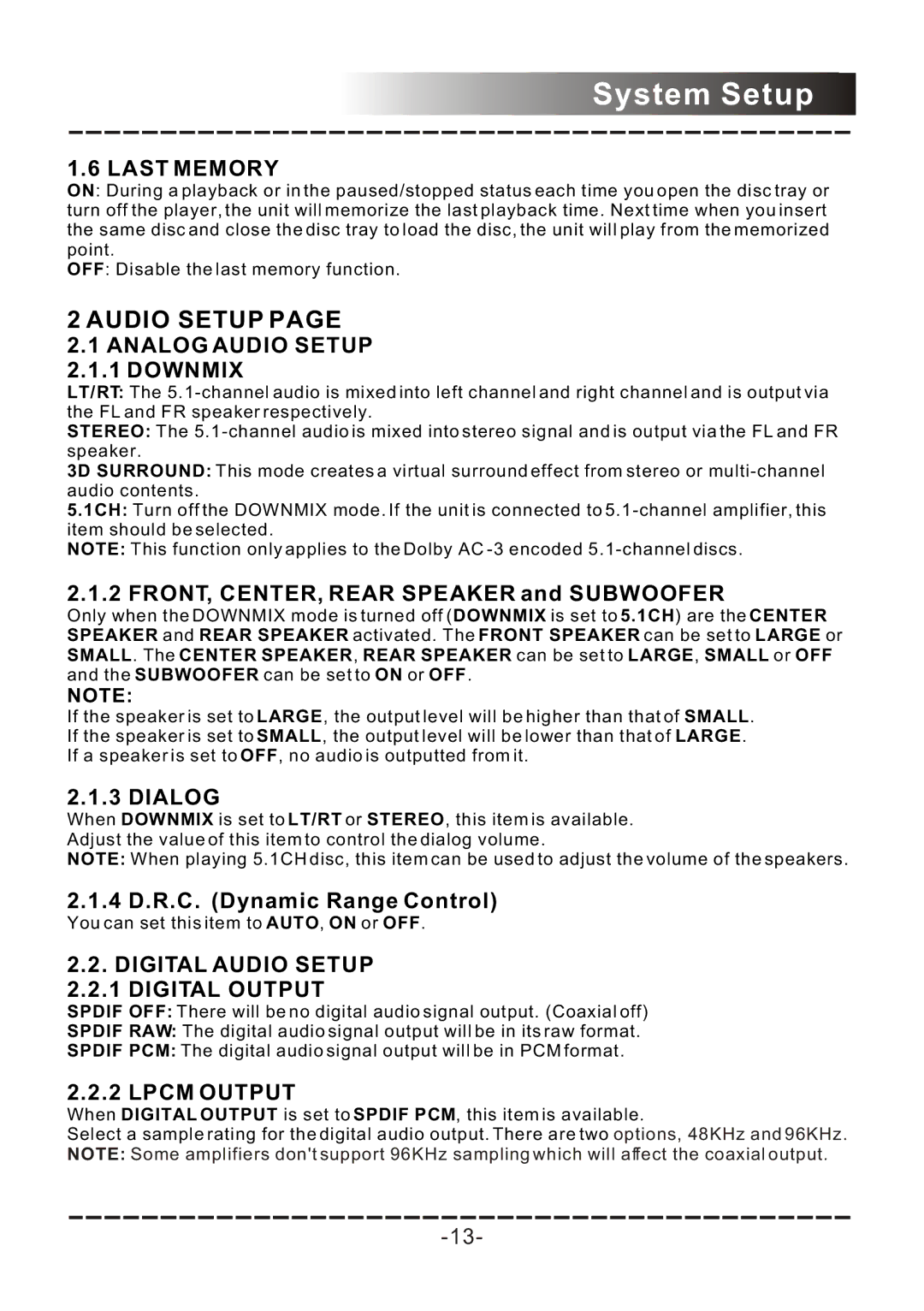 Sanyo DVD-DX517 Last Memory, Analog Audio Setup 2.1.1 Downmix, Digital Audio Setup 2.2.1 Digital Output, Lpcm Output 