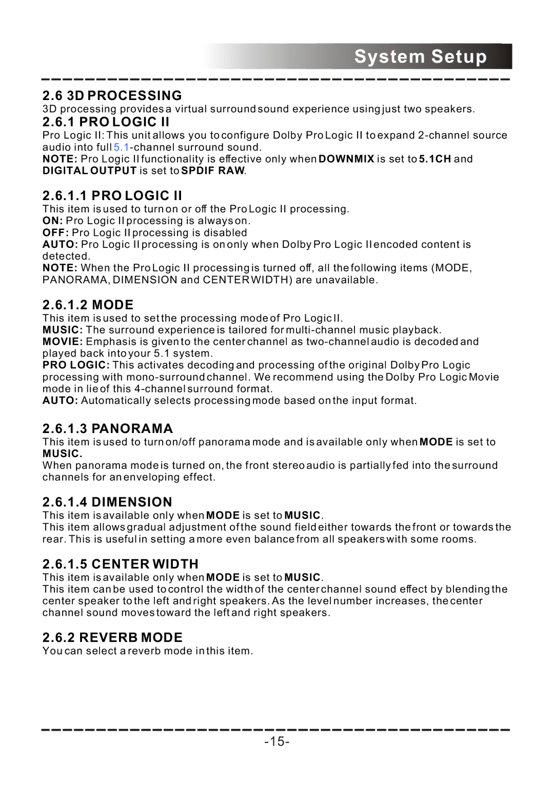 Sanyo DVD-DX517 instruction manual 3D Processing, PRO Logic, Dimension, Center Width, Reverb Mode 