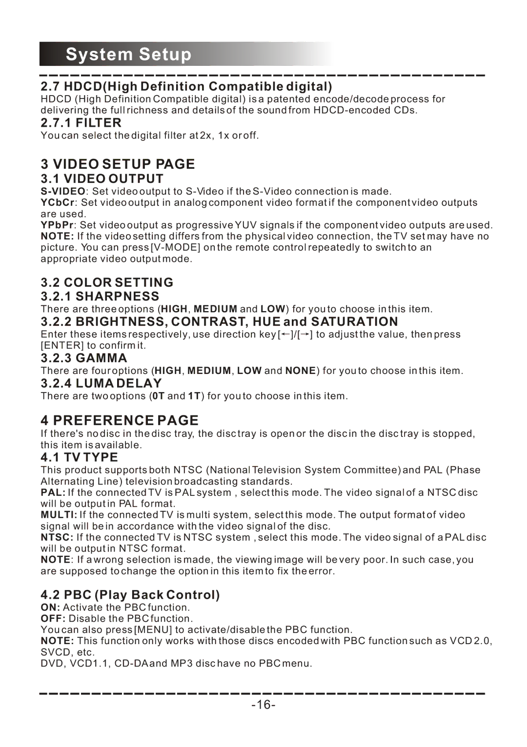 Sanyo DVD-DX517 instruction manual Video Output, Color Setting 3.2.1 Sharpness, Luma Delay, TV Type 