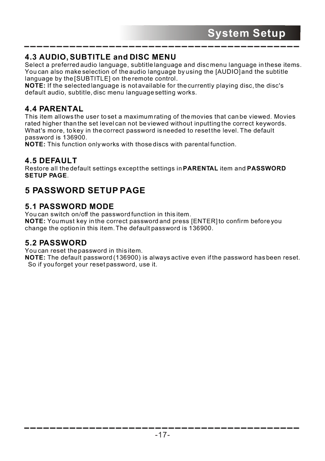 Sanyo DVD-DX517 instruction manual AUDIO, Subtitle and Disc Menu, Parental, Default, Password Mode 