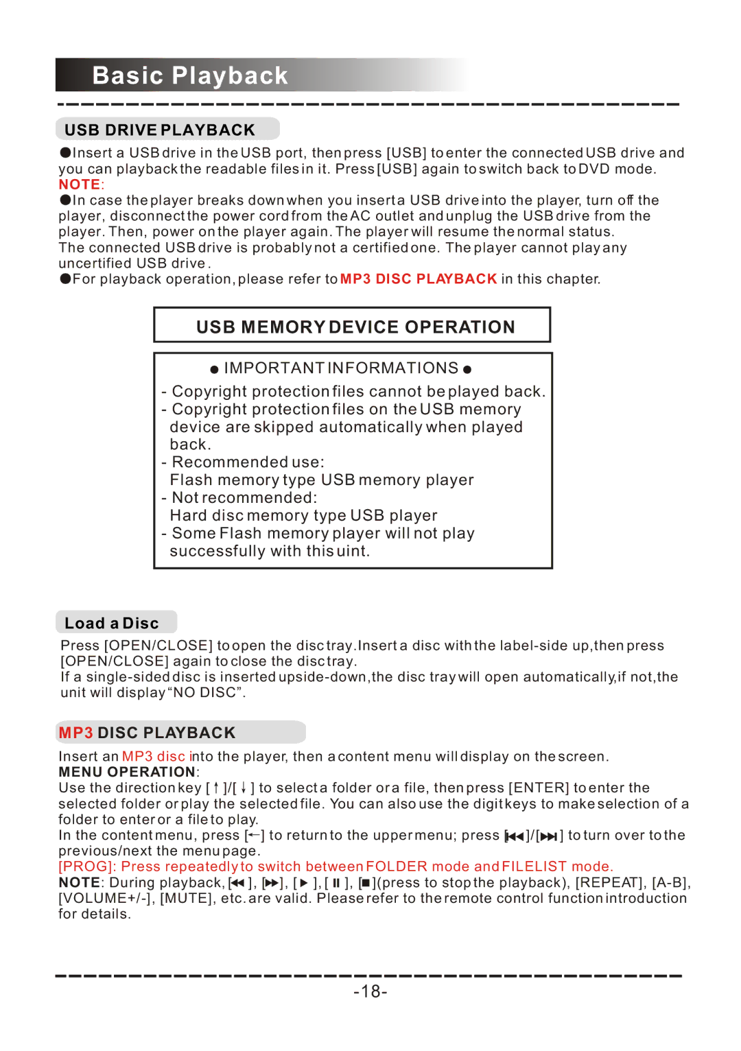 Sanyo DVD-DX517 instruction manual Basic Playback, USB Memory Device Operation 