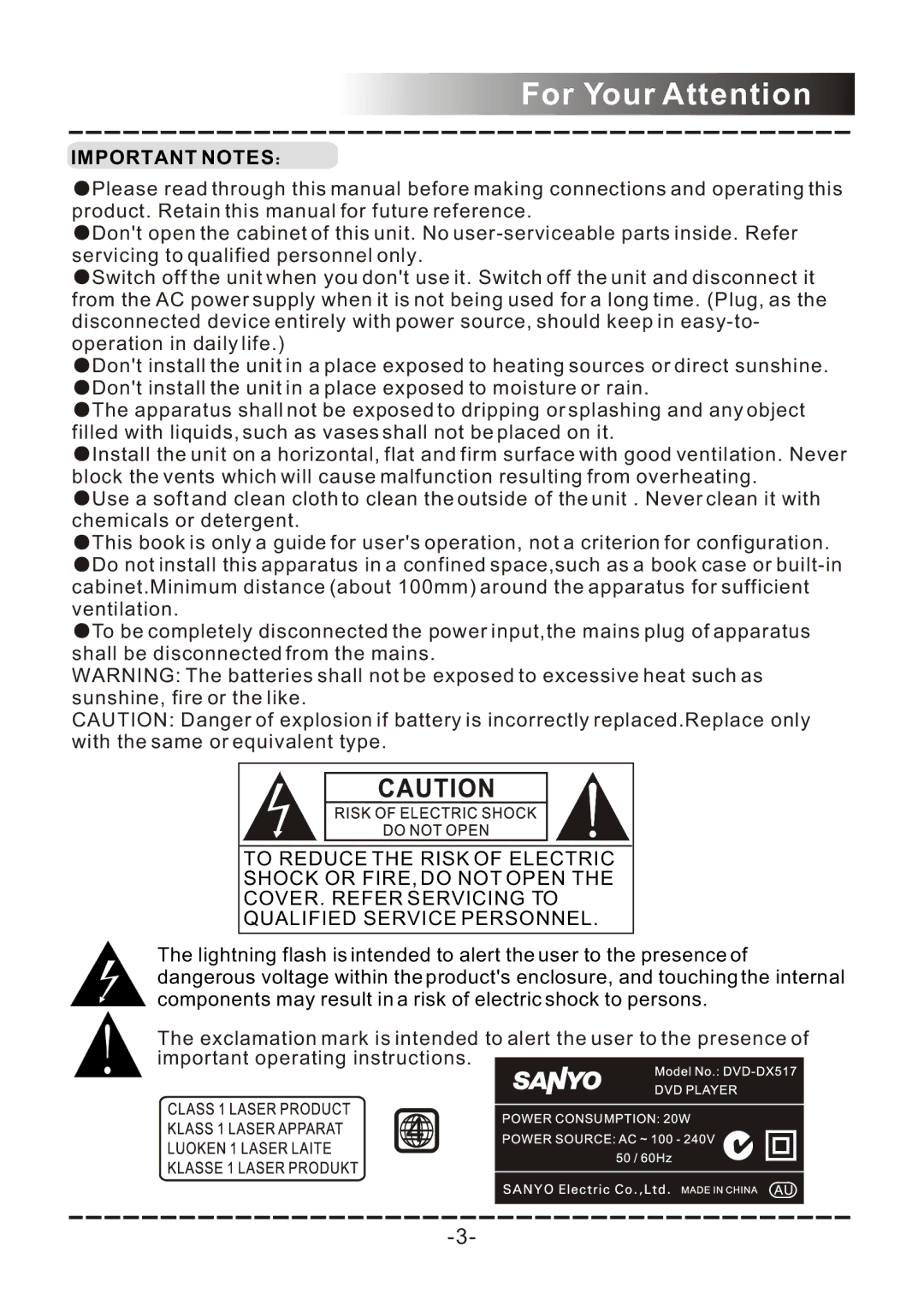 Sanyo DVD-DX517 instruction manual For Your Attention, Important Notes 