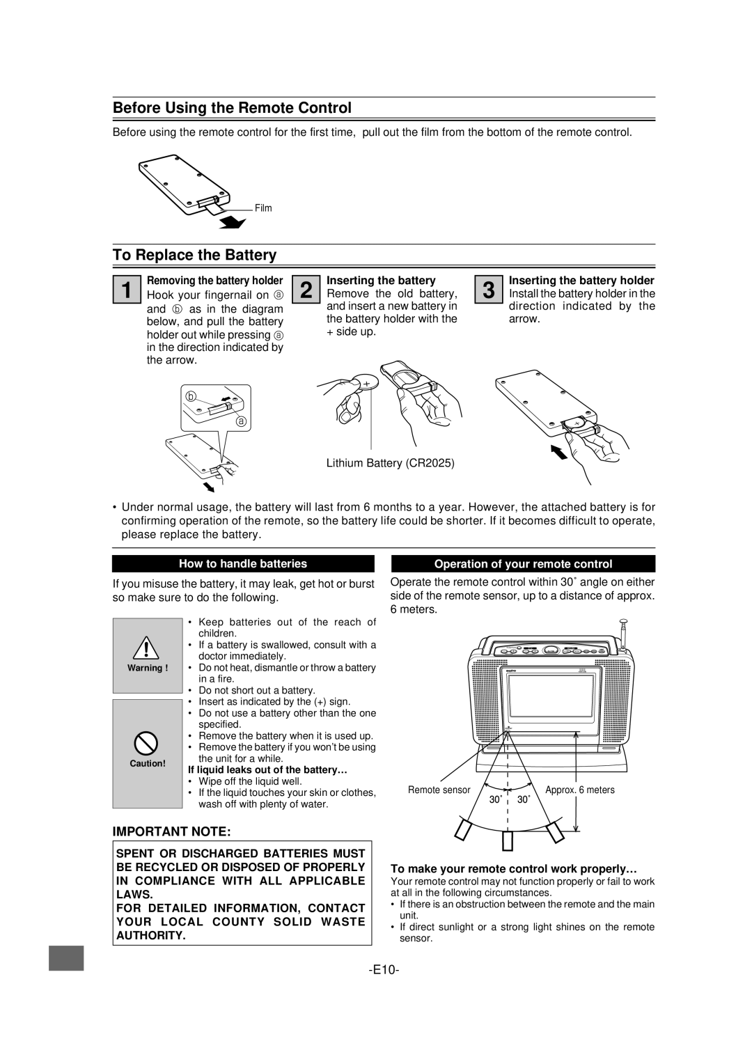 Sanyo DVD-L70 instruction manual Before Using the Remote Control, To Replace the Battery, Removing the battery holder 