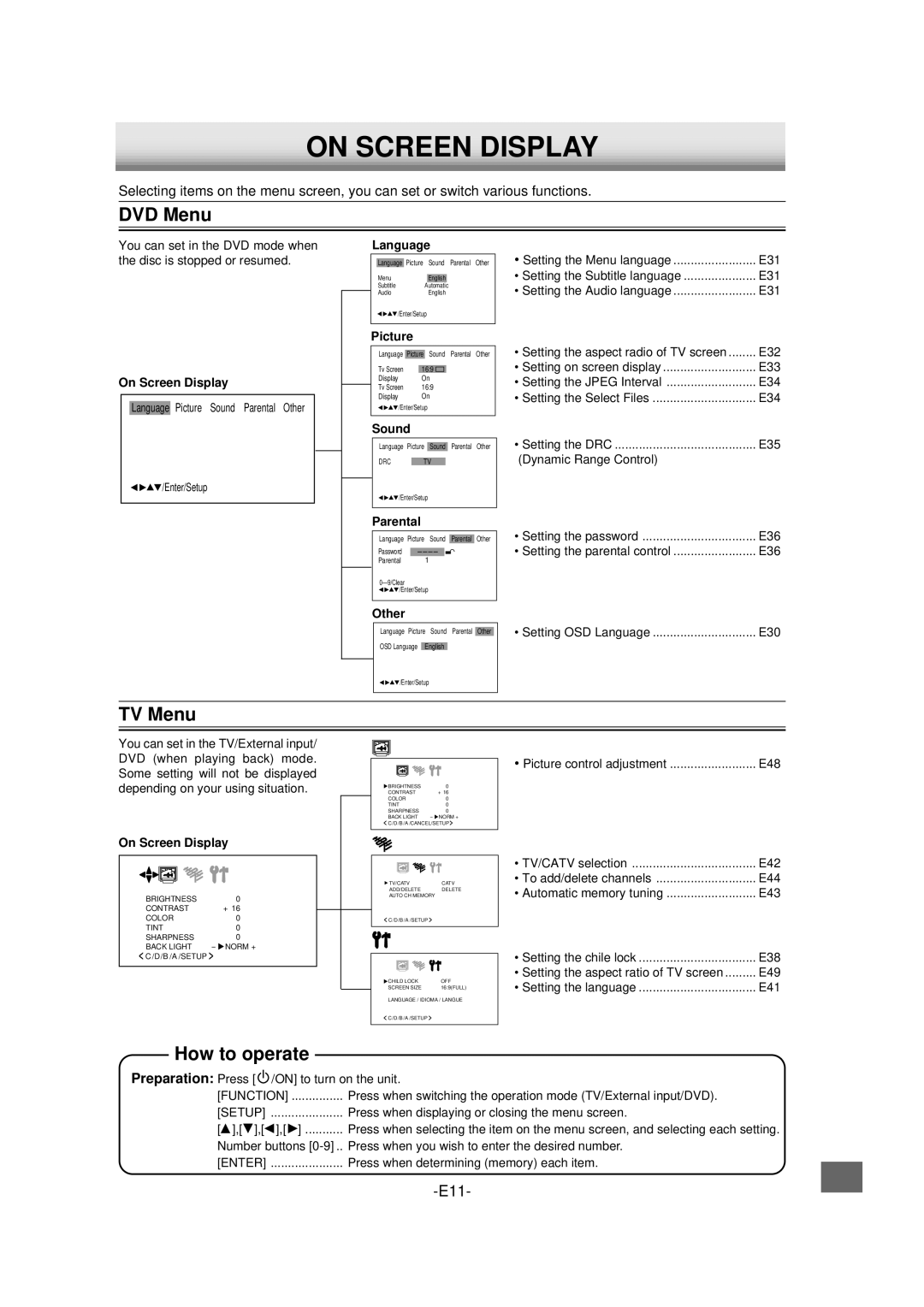 Sanyo DVD-L70 instruction manual On Screen Display, DVD Menu, TV Menu, How to operate 