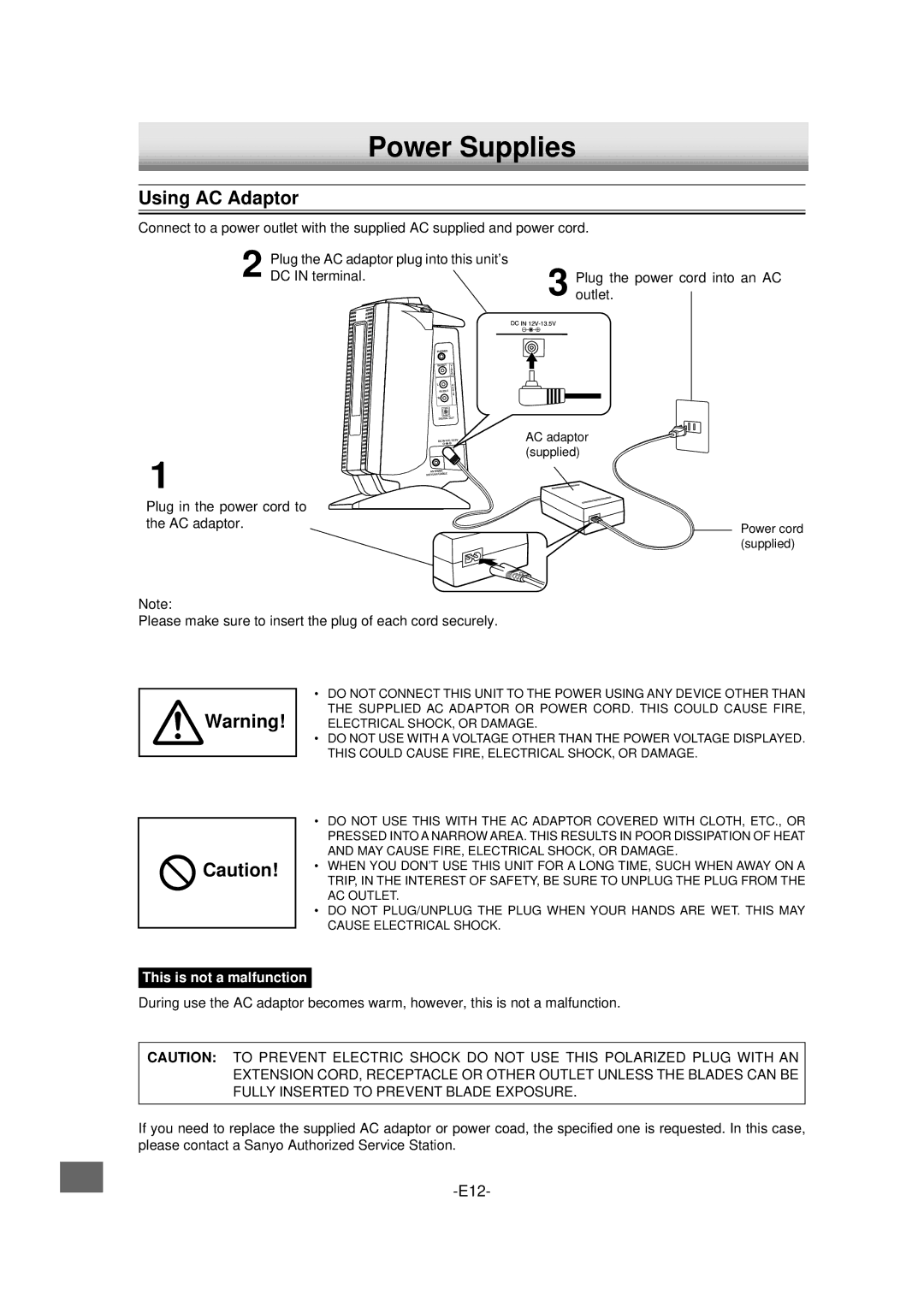 Sanyo DVD-L70 instruction manual Power Supplies, Using AC Adaptor 