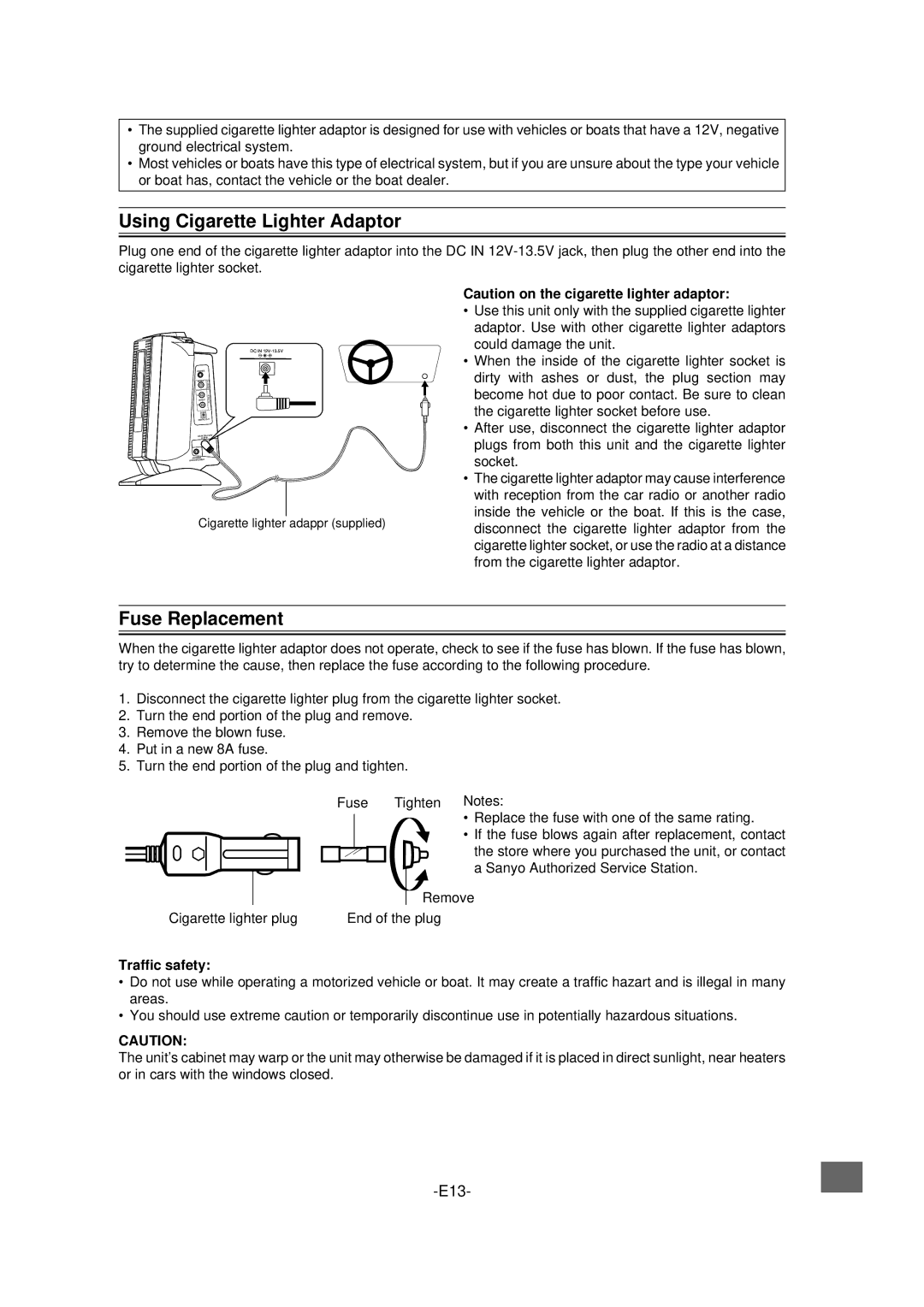 Sanyo DVD-L70 instruction manual Using Cigarette Lighter Adaptor, Fuse Replacement, Traffic safety 