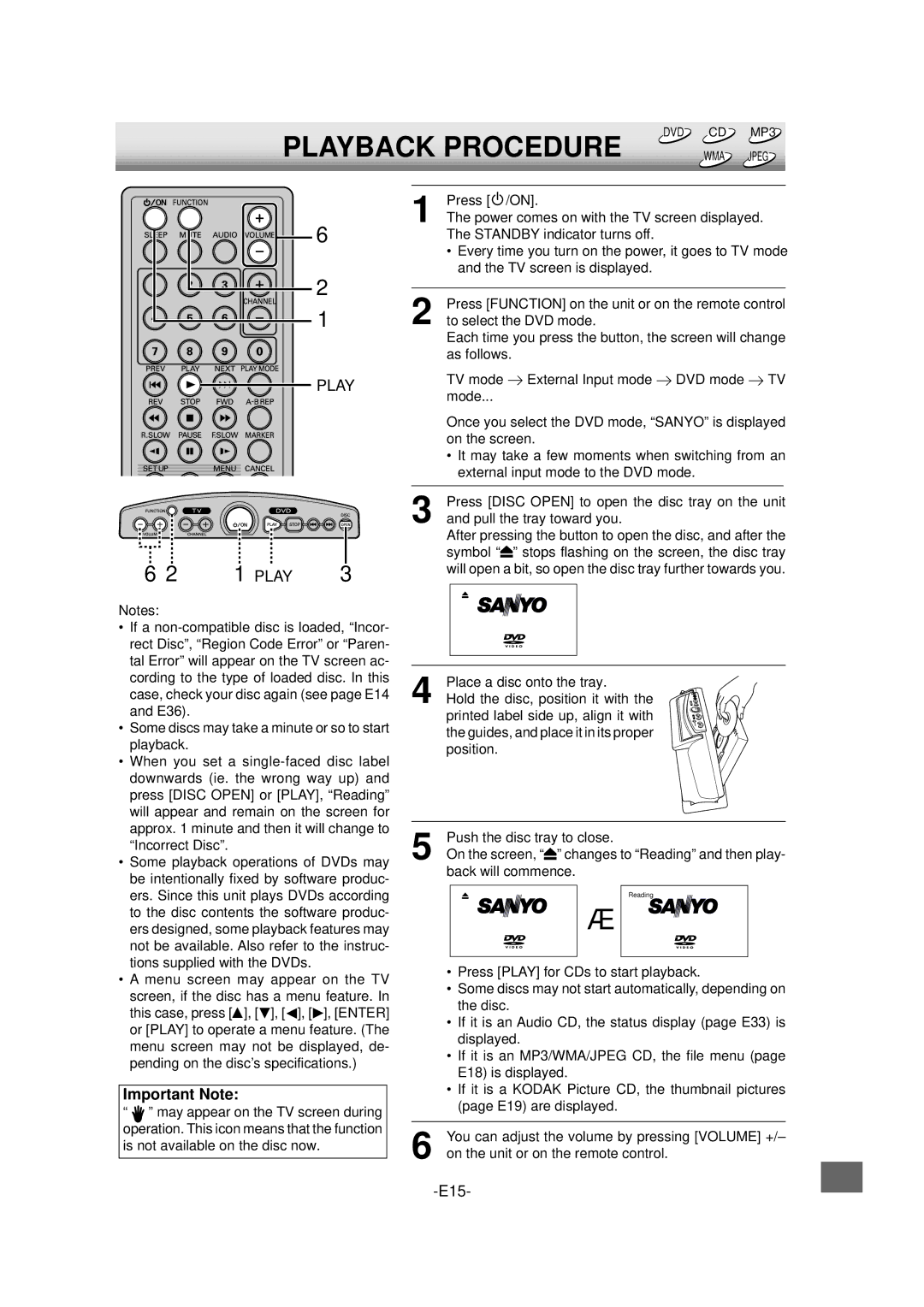 Sanyo DVD-L70 Playback Procedure, Place a disc onto the tray, Hold the disc, position it with, Back will commence 