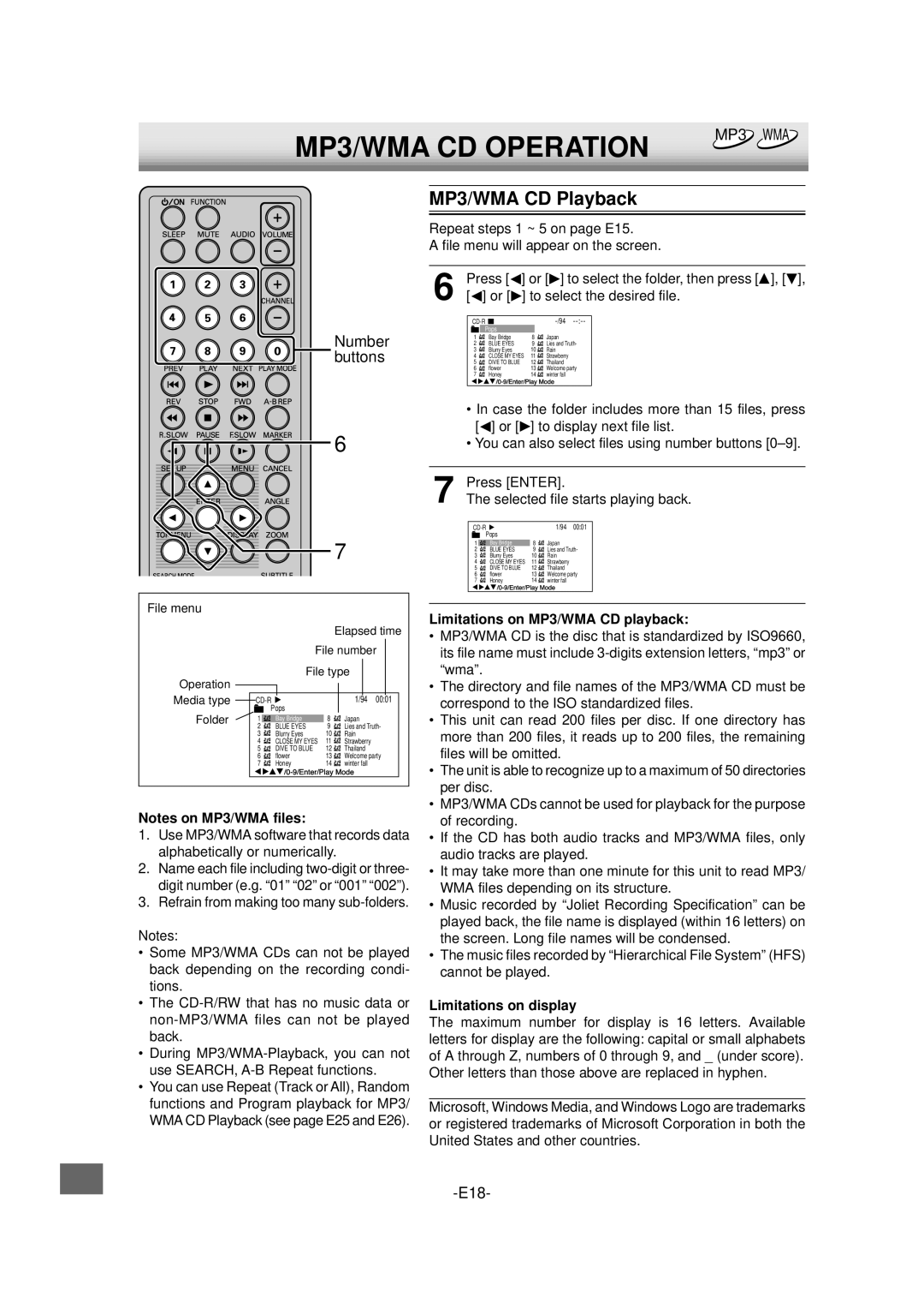 Sanyo DVD-L70 MP3/WMA CD Operation, MP3/WMA CD Playback, Limitations on MP3/WMA CD playback, Limitations on display 