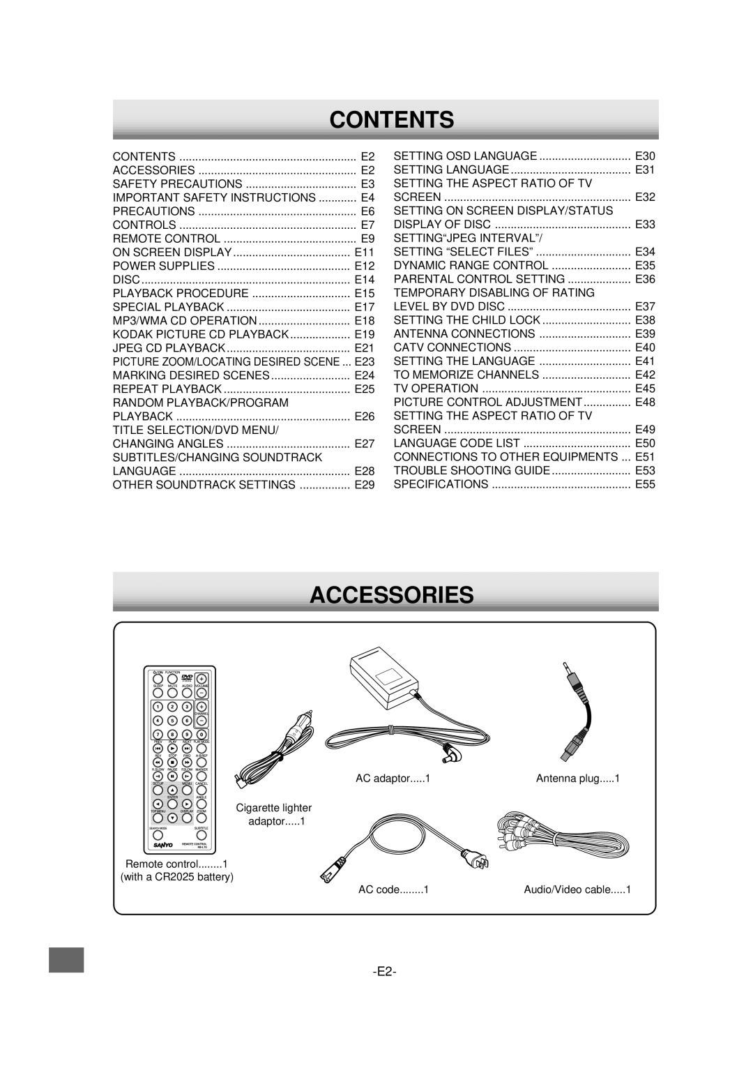 Sanyo DVD-L70 instruction manual Contents, Accessories 