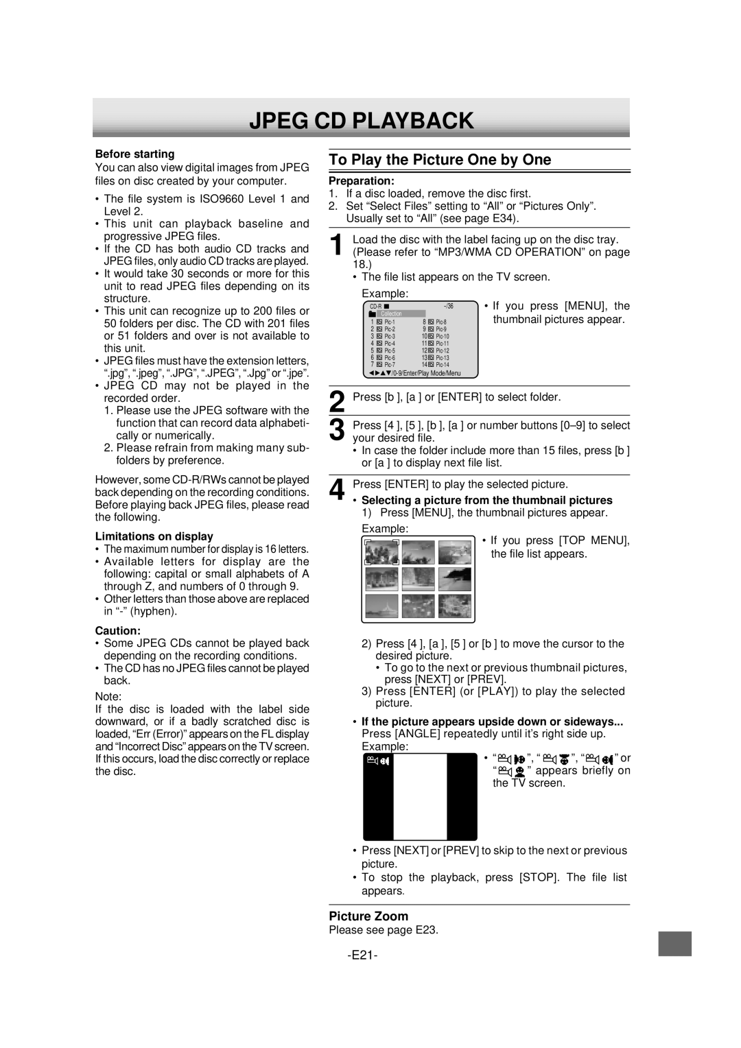 Sanyo DVD-L70 Jpeg CD Playback, Thumbnail pictures appear, Selecting a picture from the thumbnail pictures 