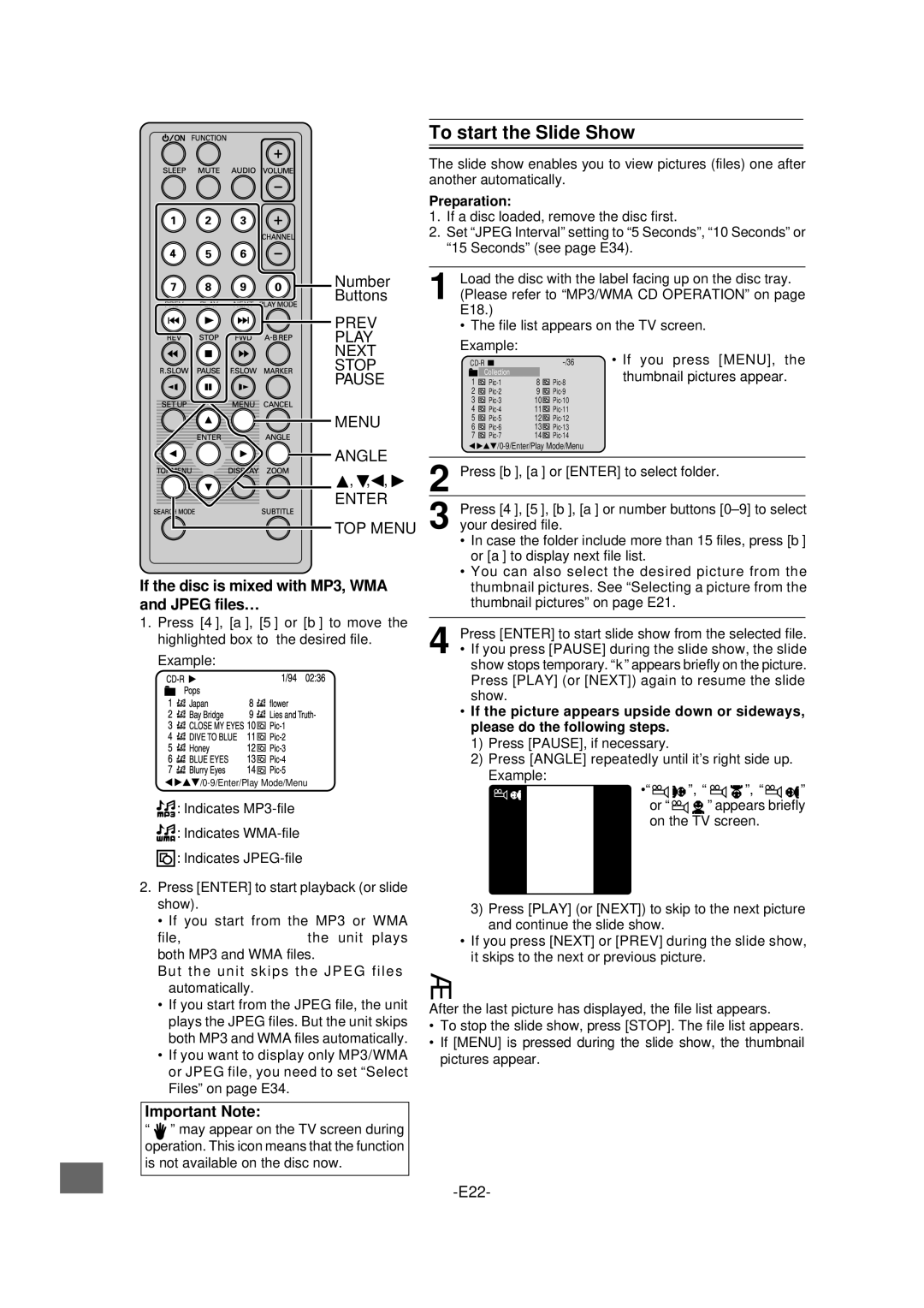 Sanyo DVD-L70 Prev Play Next Stop Pause Menu Angle Enter TOP Menu, If the disc is mixed with MP3, WMA Jpeg files… 