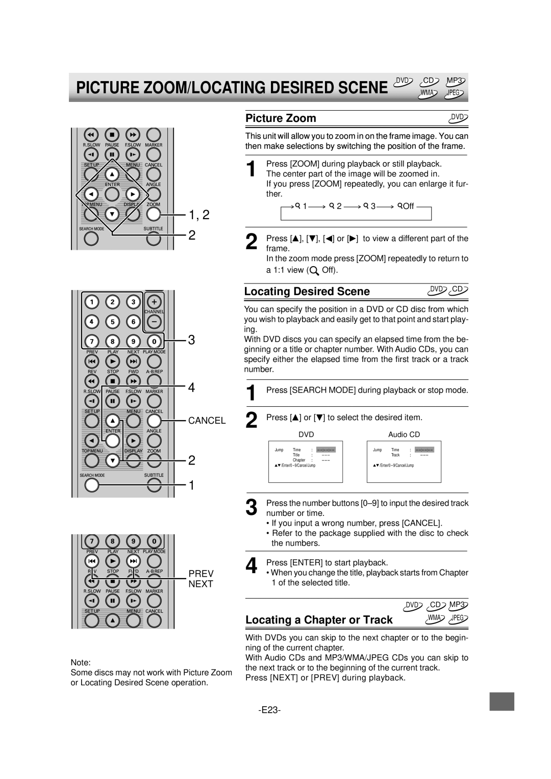 Sanyo DVD-L70 instruction manual Picture Zoom, Locating Desired Scene, Locating a Chapter or Track, Cancel, Prev Next 